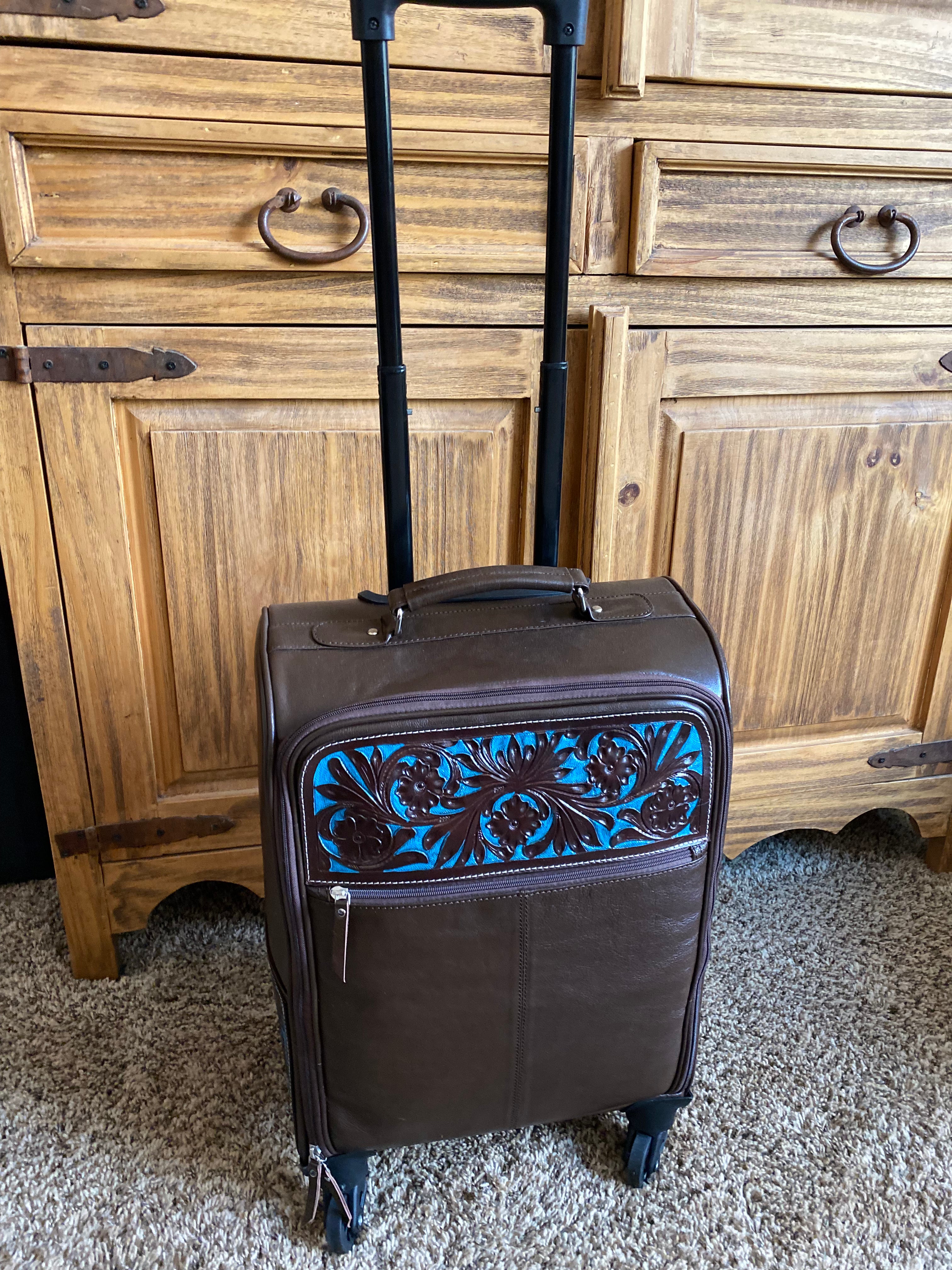 Chocolate Leather and Turquoise Carry On Roller Bag