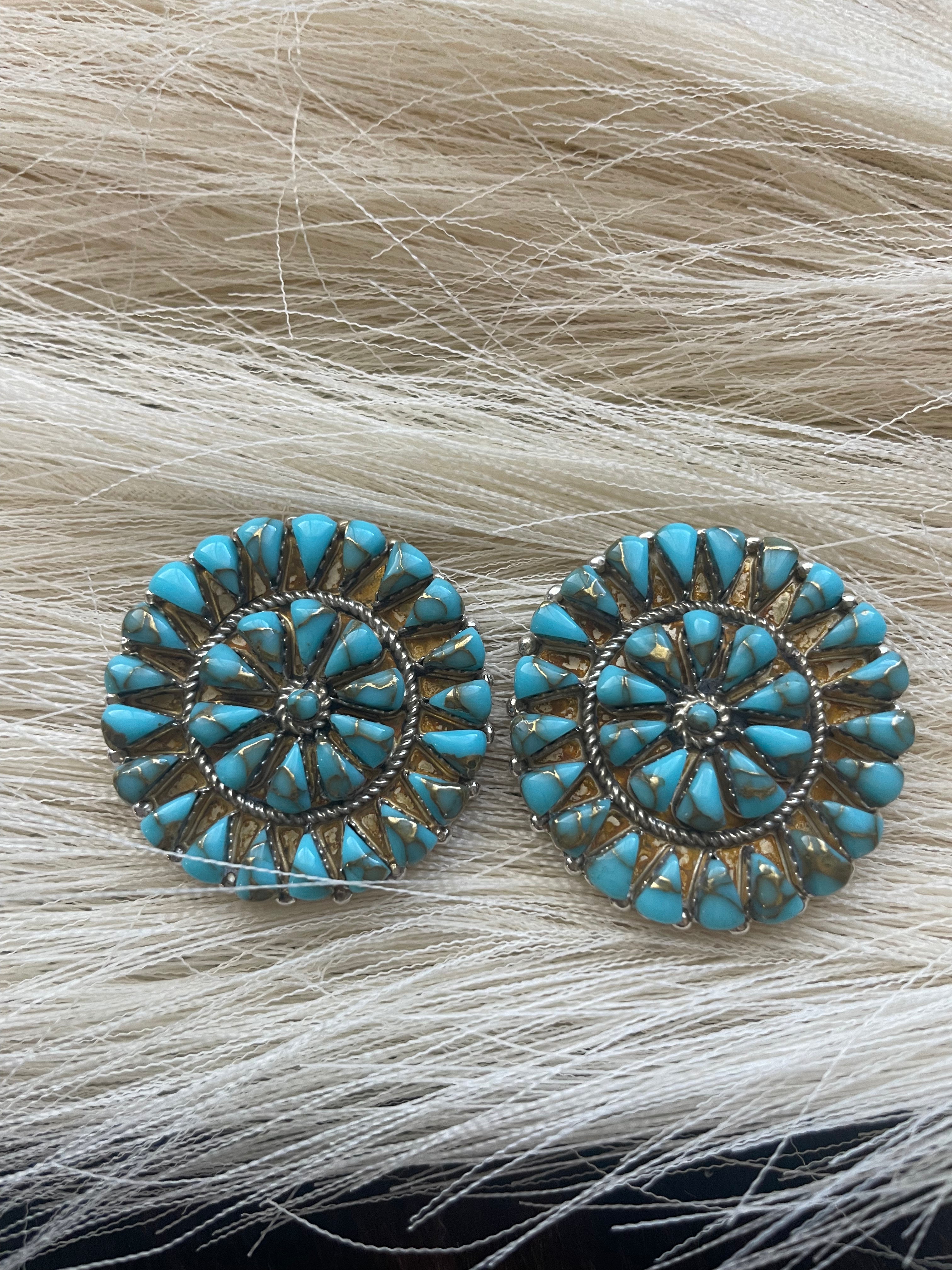 Navajo Sterling Silver And Turquoise Cluster Circle Earrings Signed 1.75”