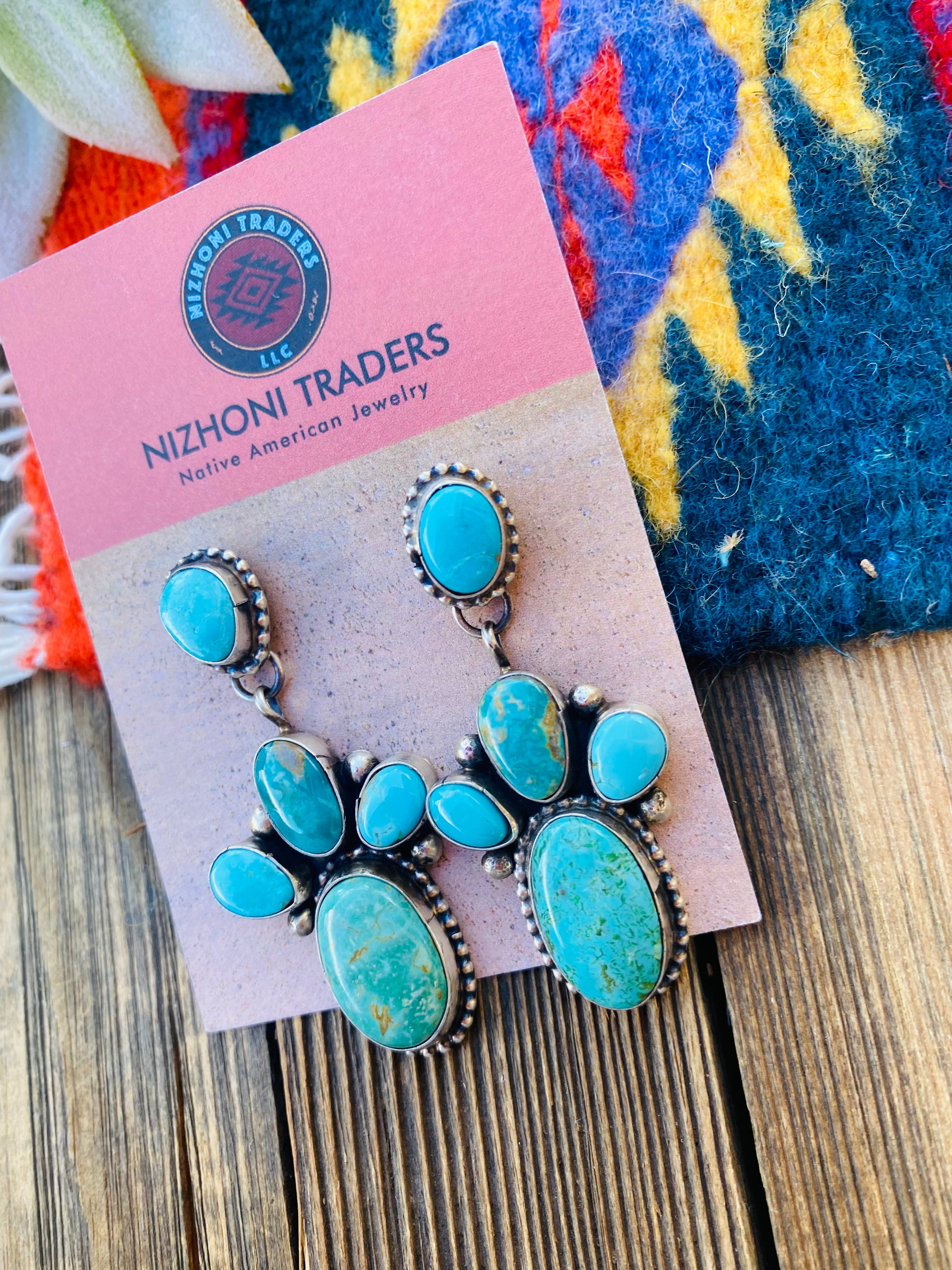 Navajo Multi Turquoise & Sterling Silver Cluster Dangle Earrings