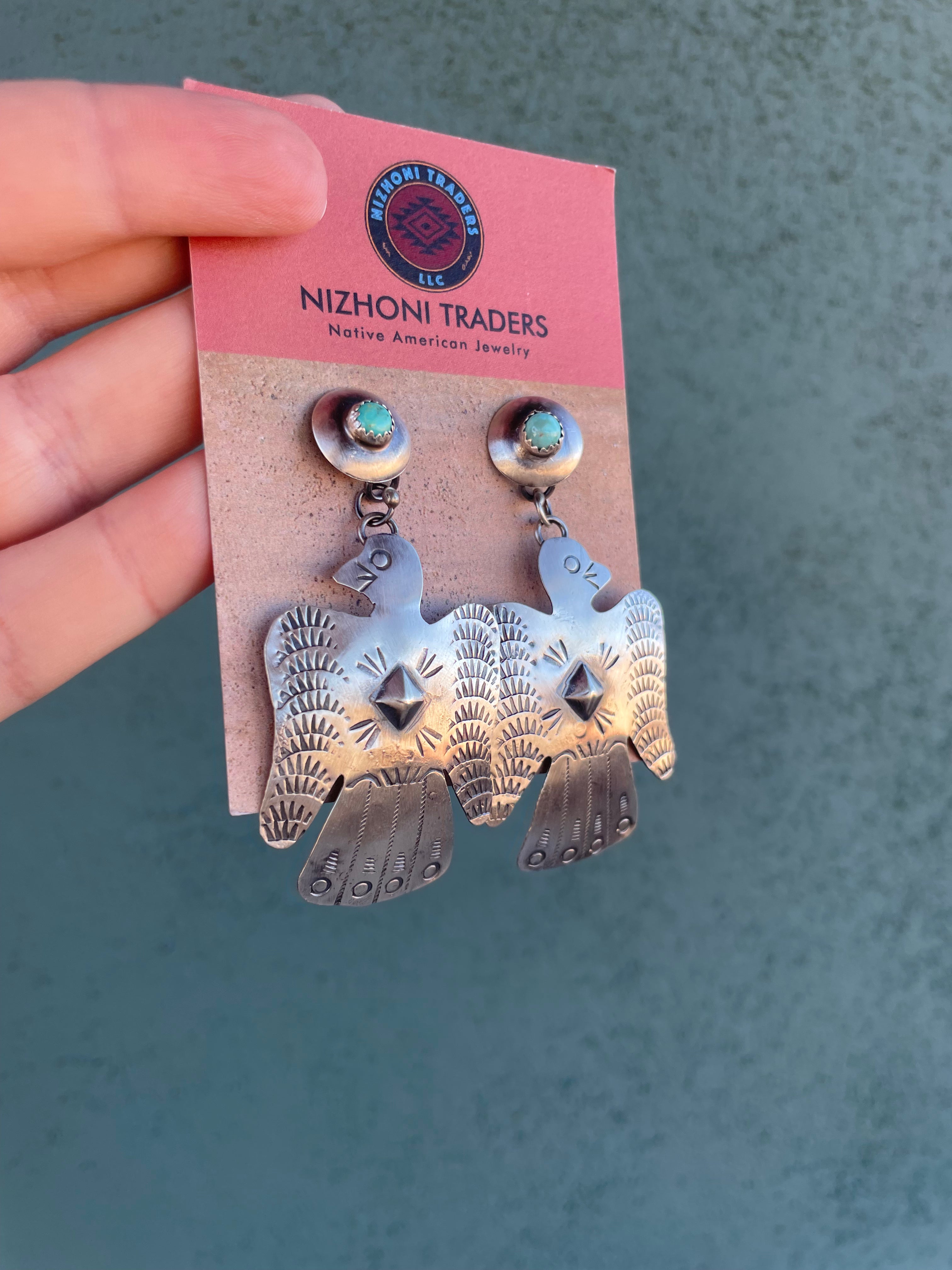 Navajo Turquoise & Sterling Silver Thunderbird Dangle Earrings By Tim Yazzie