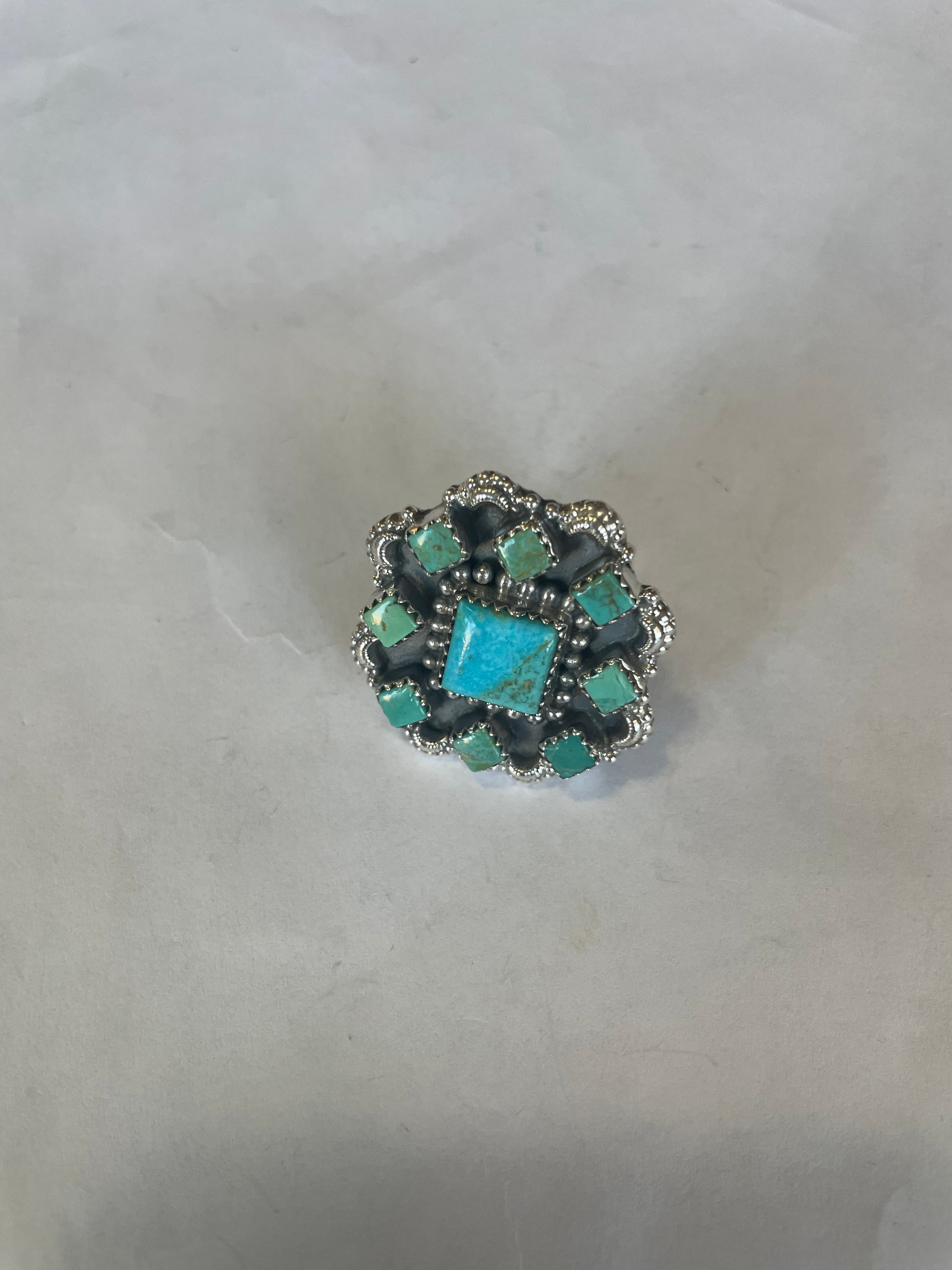 Handmade Sterling Silver & Turquoise Cluster Adjustable Ring Signed Nizhoni