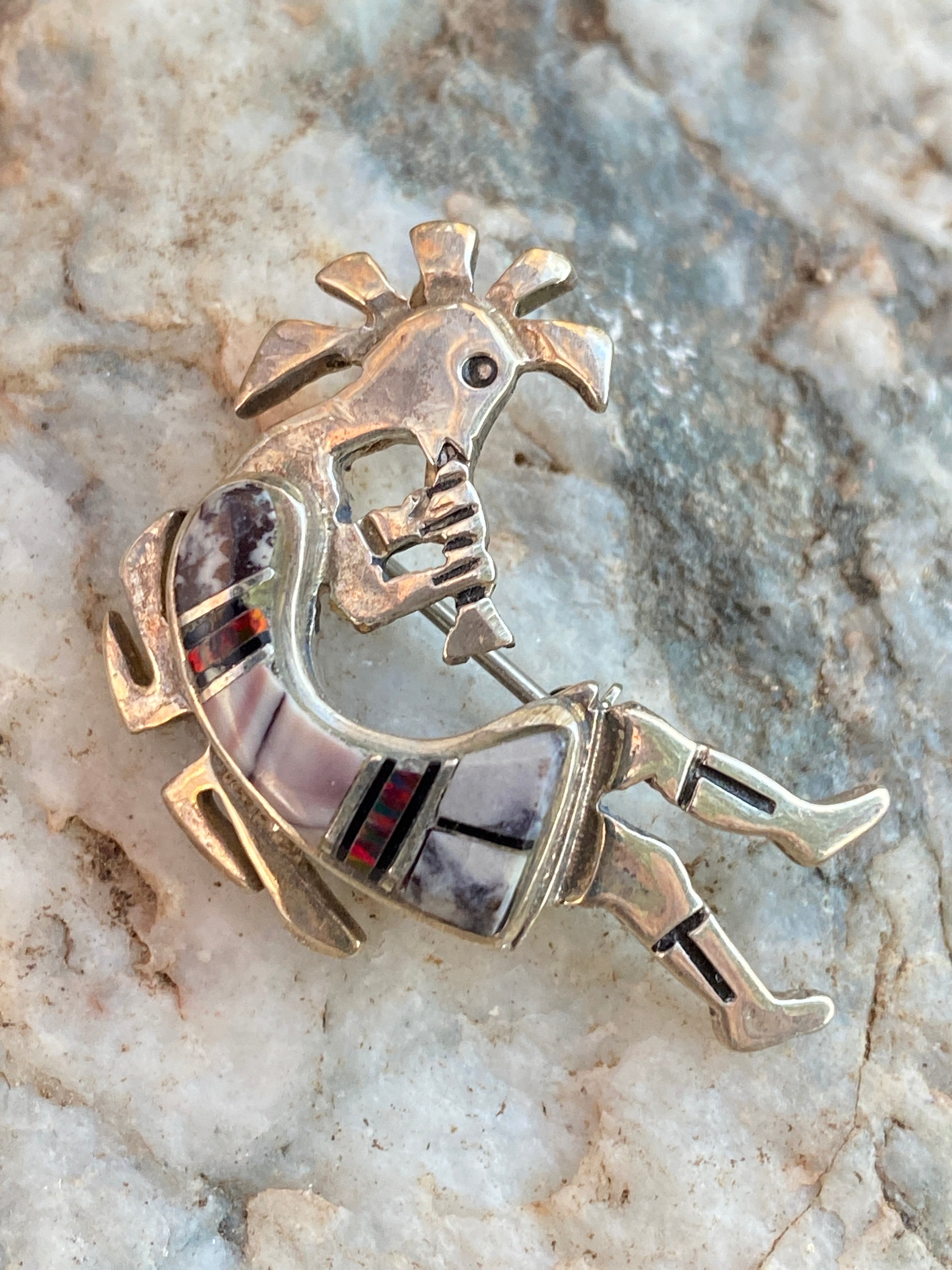 Navajo Onyx, Purple Spiny and Fire Opal  Sterling Silver Kokopelli Pin Pendant