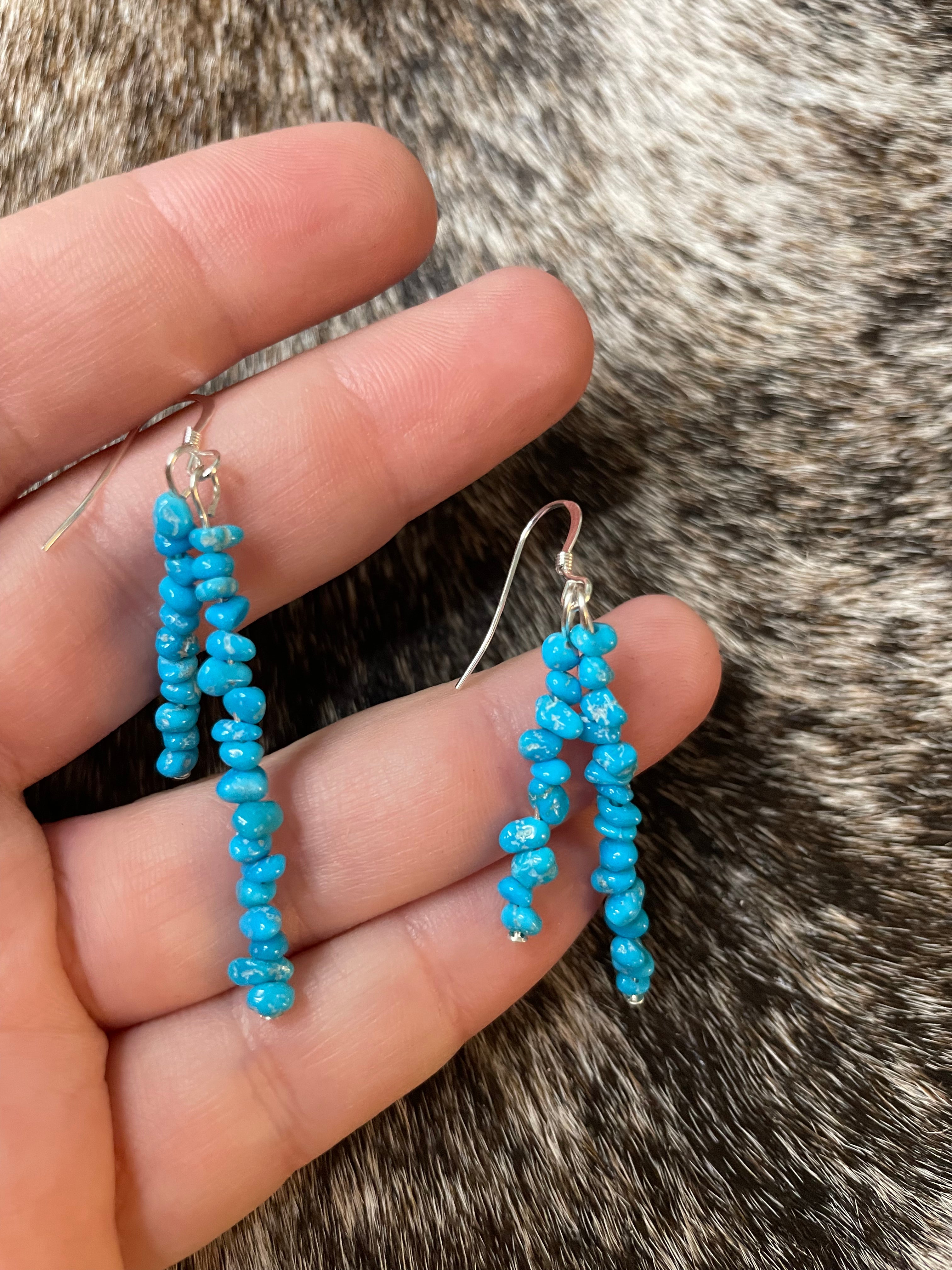 Navajo Sterling Silver & Turquoise Beaded Dangle Earrings DBL Strand