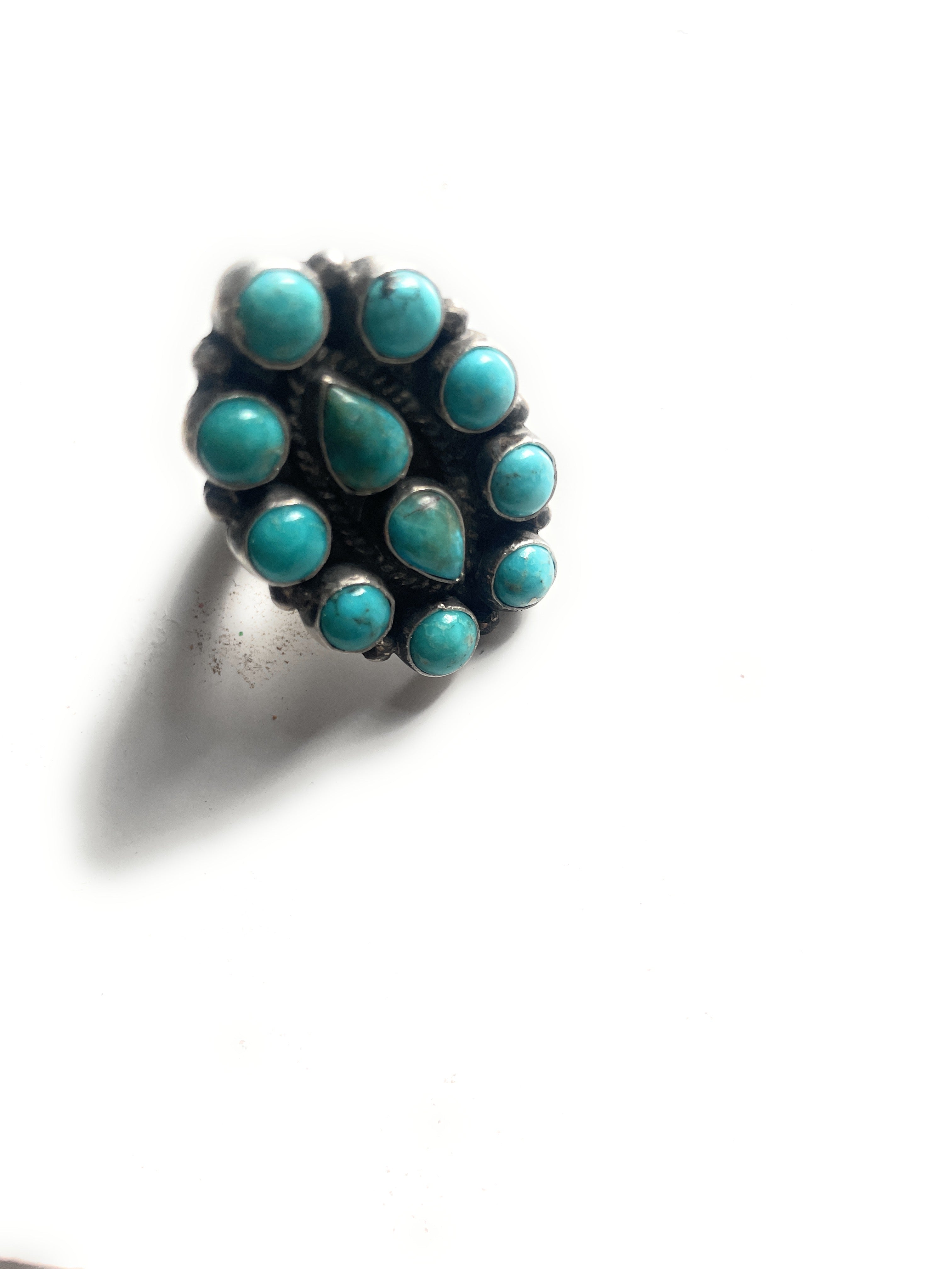 Navajo Sterling Silver And Turquoise Beautiful Adjustable Cluster Rings