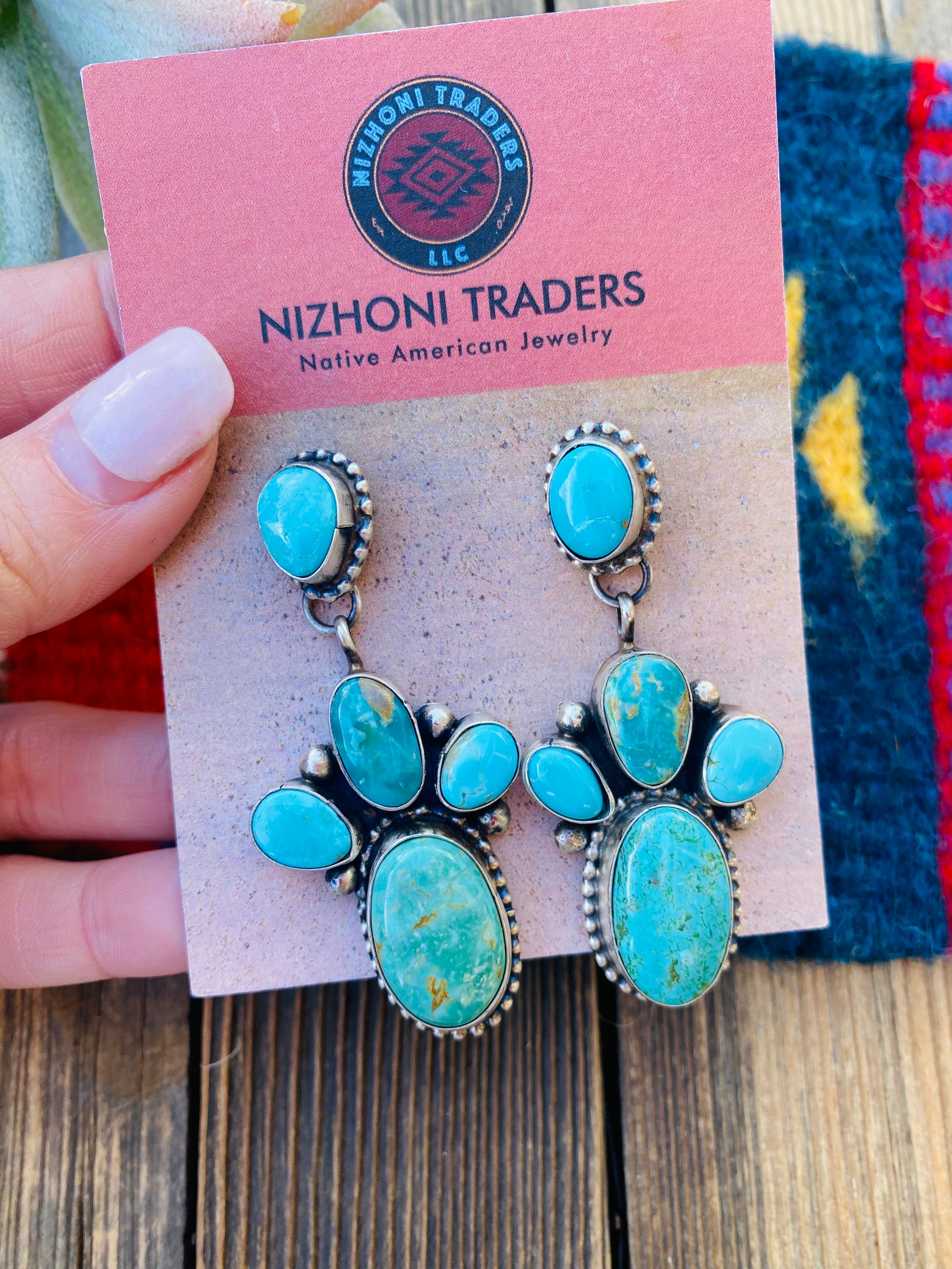 Navajo Multi Turquoise & Sterling Silver Cluster Dangle Earrings