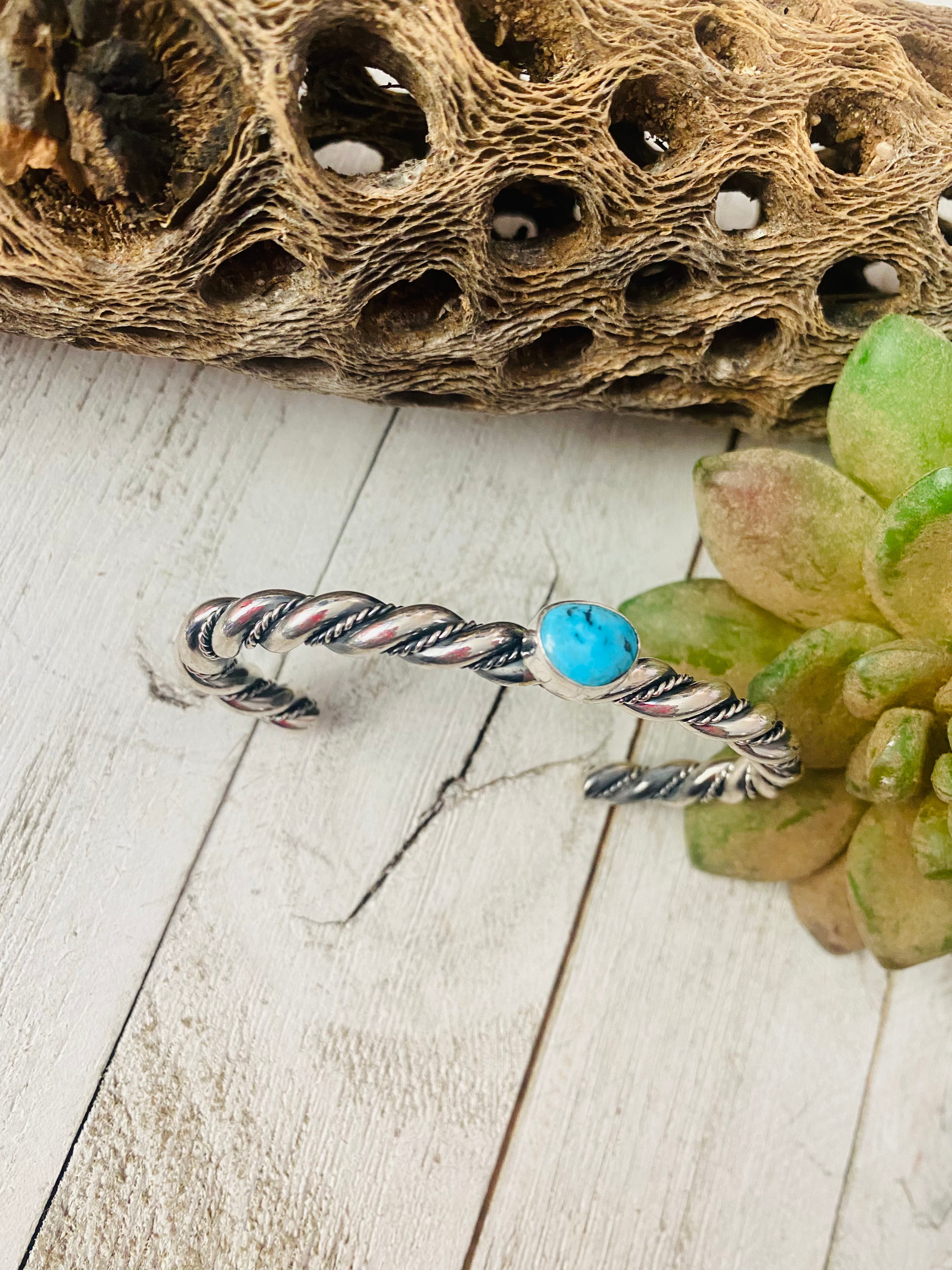 Navajo Twisted Sterling Silver & Kingman Turquoise Cuff Bracelet