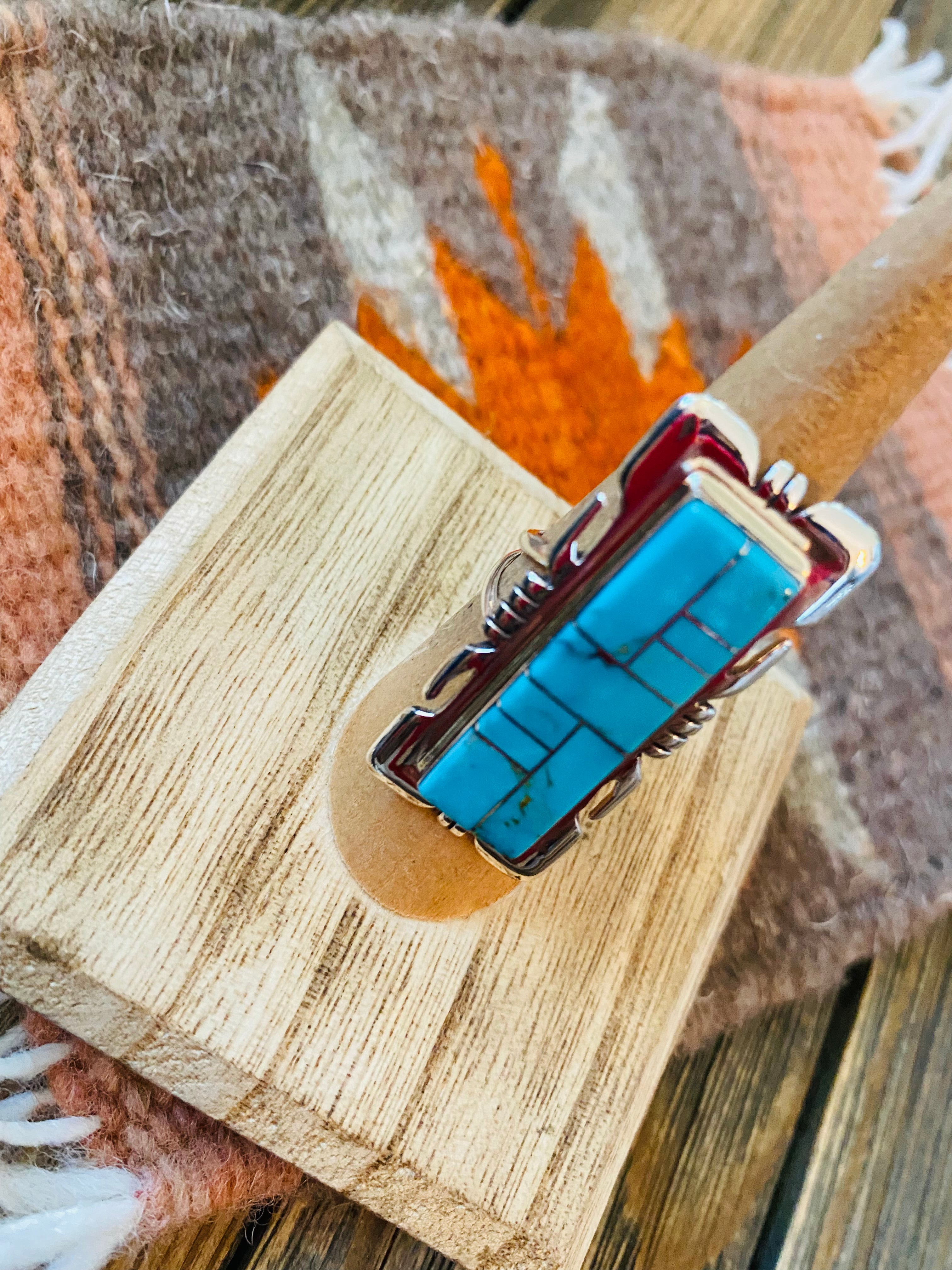 Navajo Sterling Silver & Turquoise Inlay Ring Size 6.5