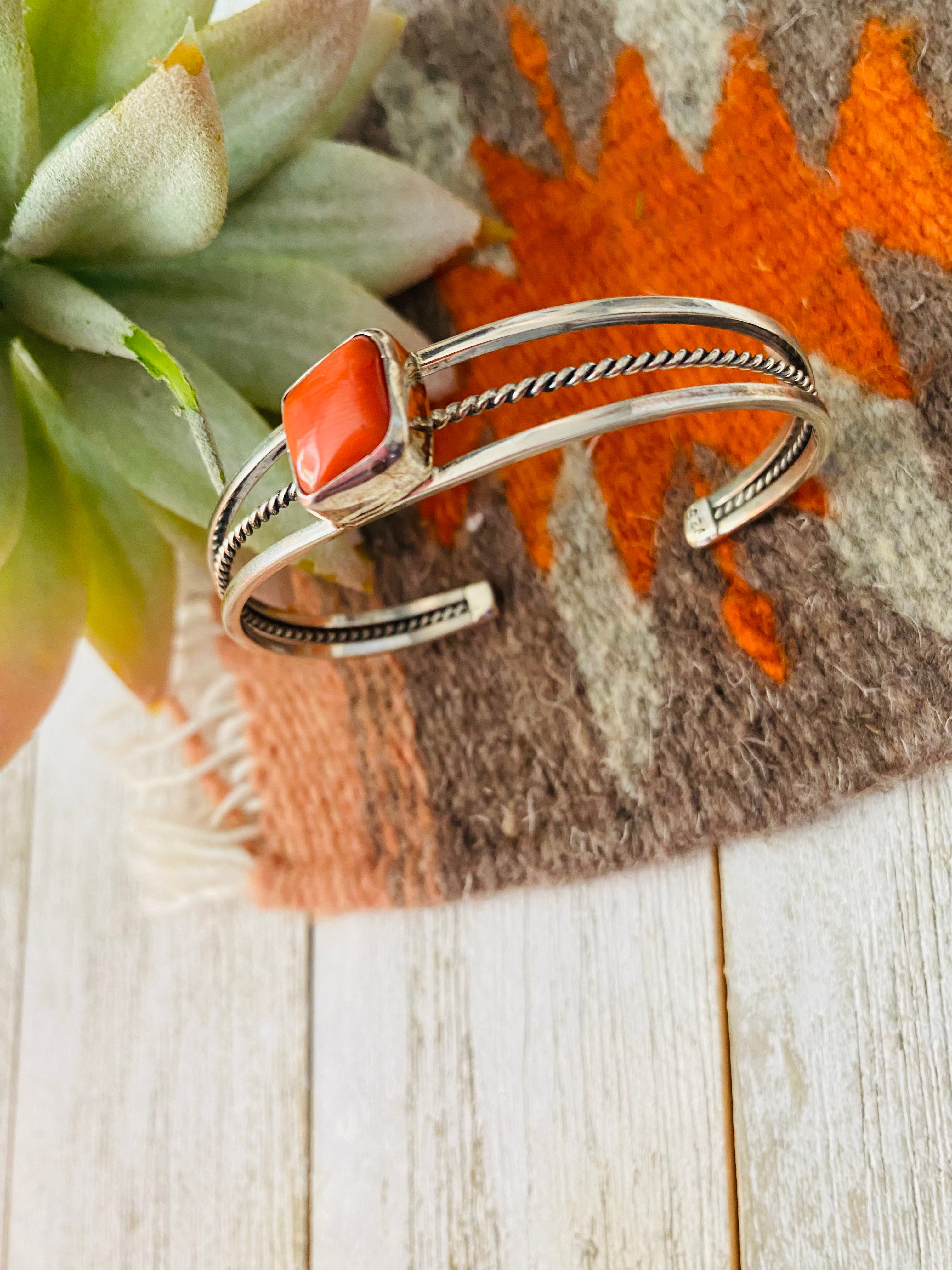 Navajo Coral & Sterling Silver Cuff Bracelet