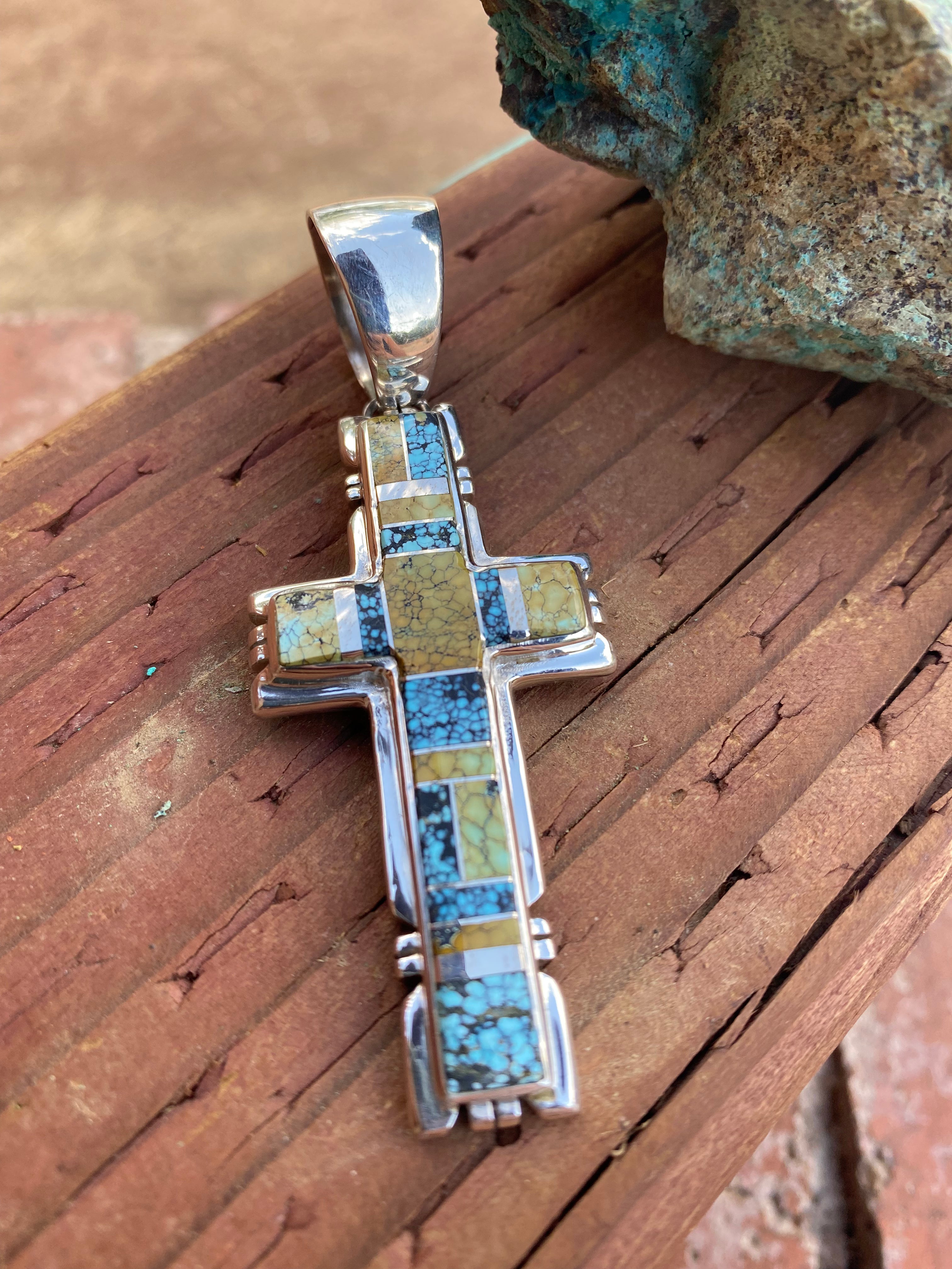 Natural Blue Moon Turquoise & Sterling Silver Navajo  Cross Pendant