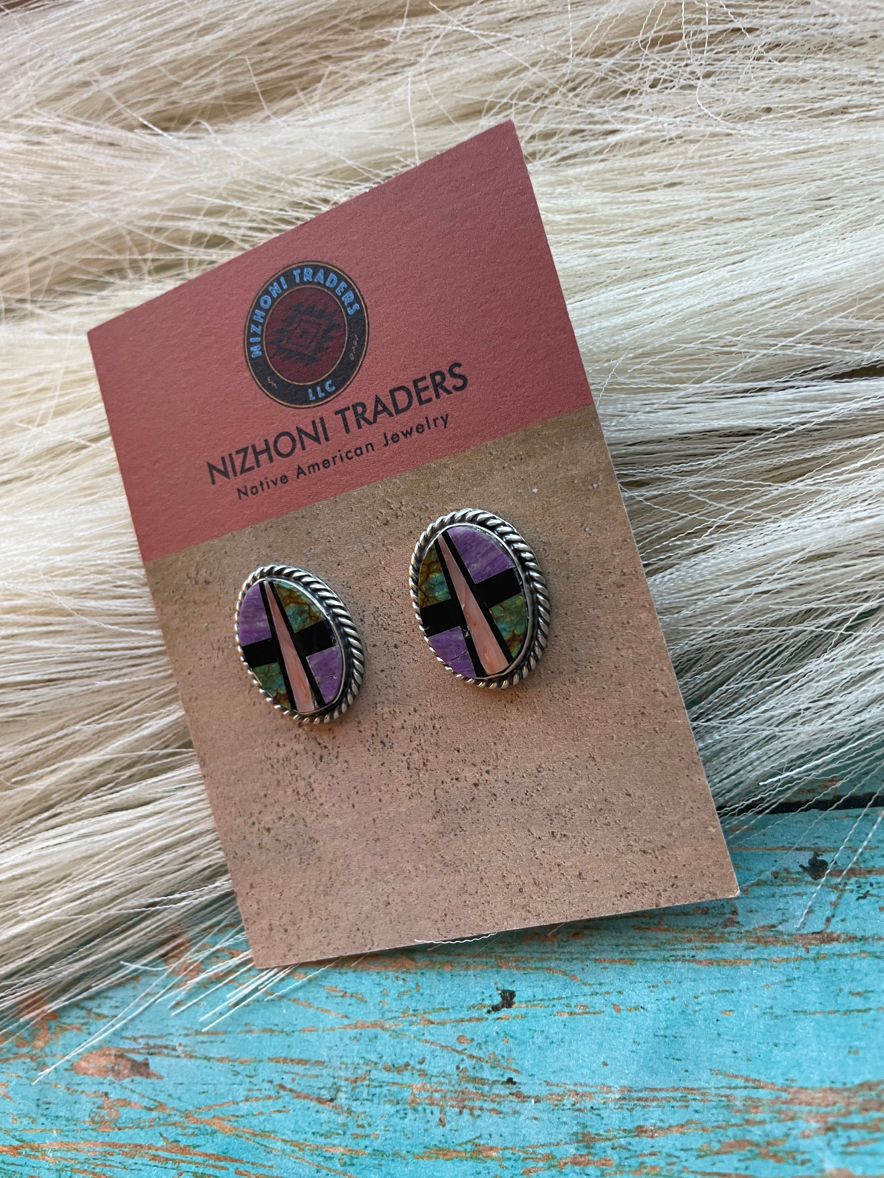 Navajo Multi Stone And Sterling Silver Inlay Oval Earrings Signed