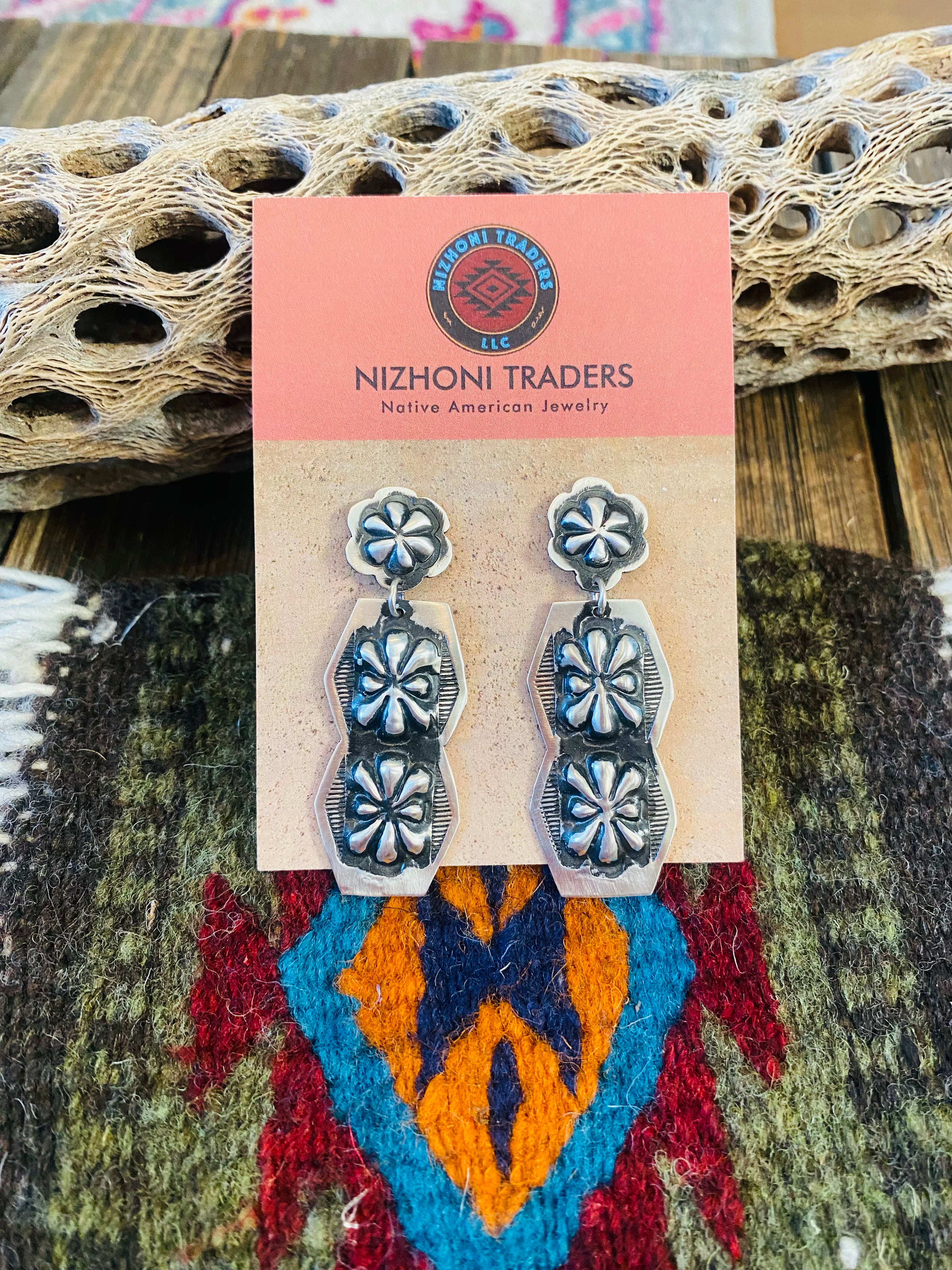 Navajo Sterling Silver Concho Dangle Earrings By Leander Tahe