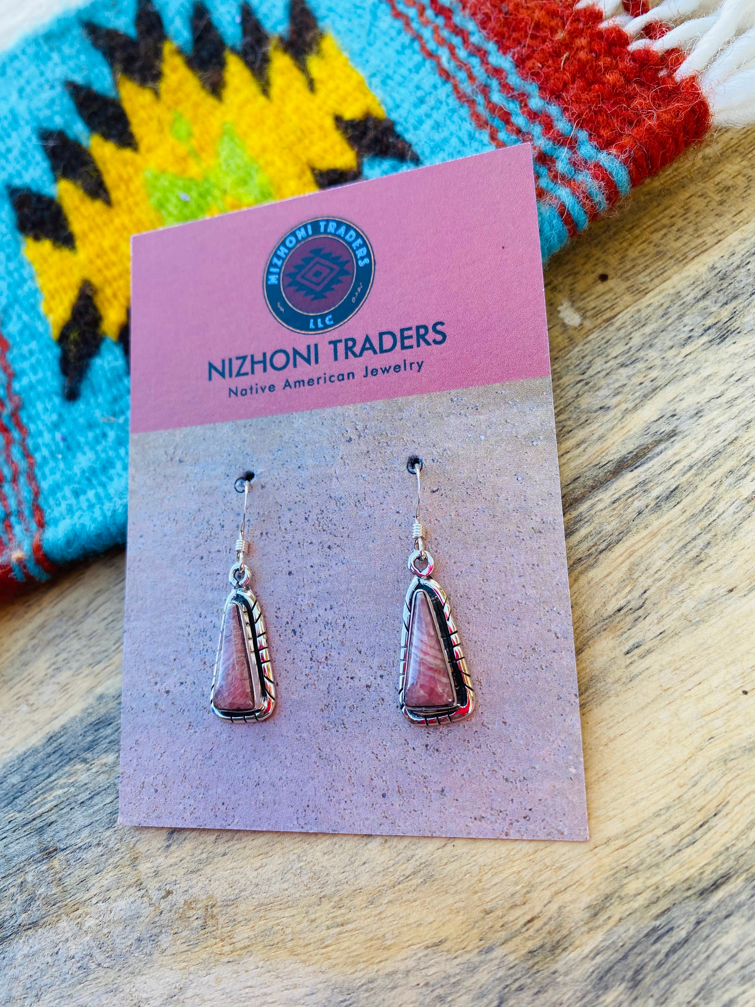 Navajo Sterling Silver & Rhodochrosite Dangle Earrings