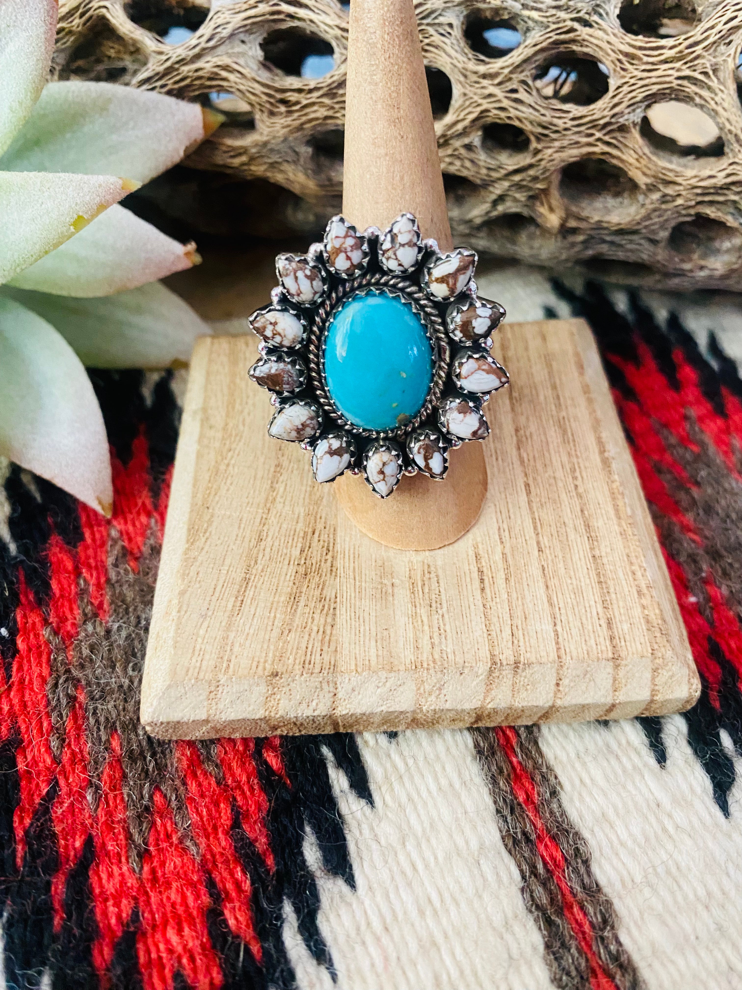 Handmade Sterling Silver, Wild Horse & Turquoise Cluster Adjustable Ring