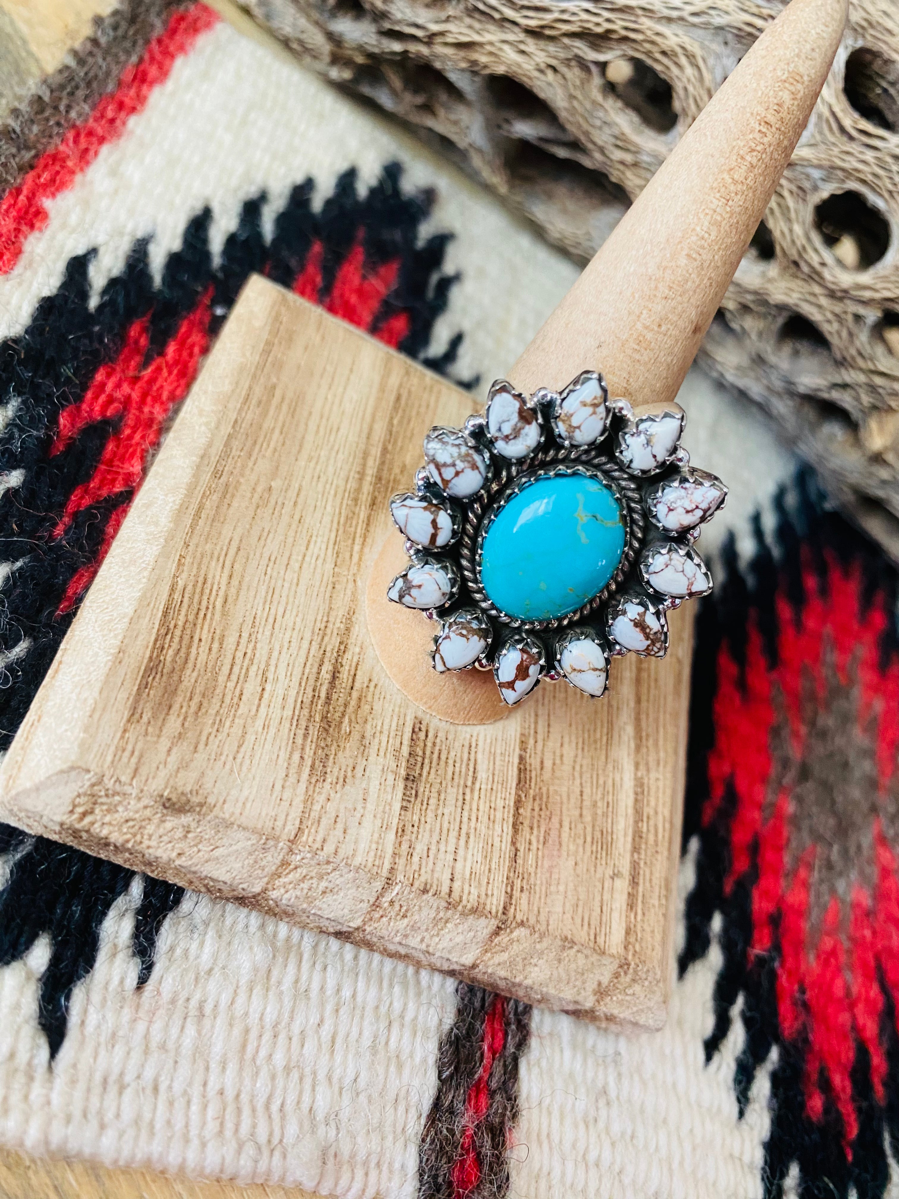 Handmade Sterling Silver, Wild Horse & Turquoise Cluster Adjustable Ring