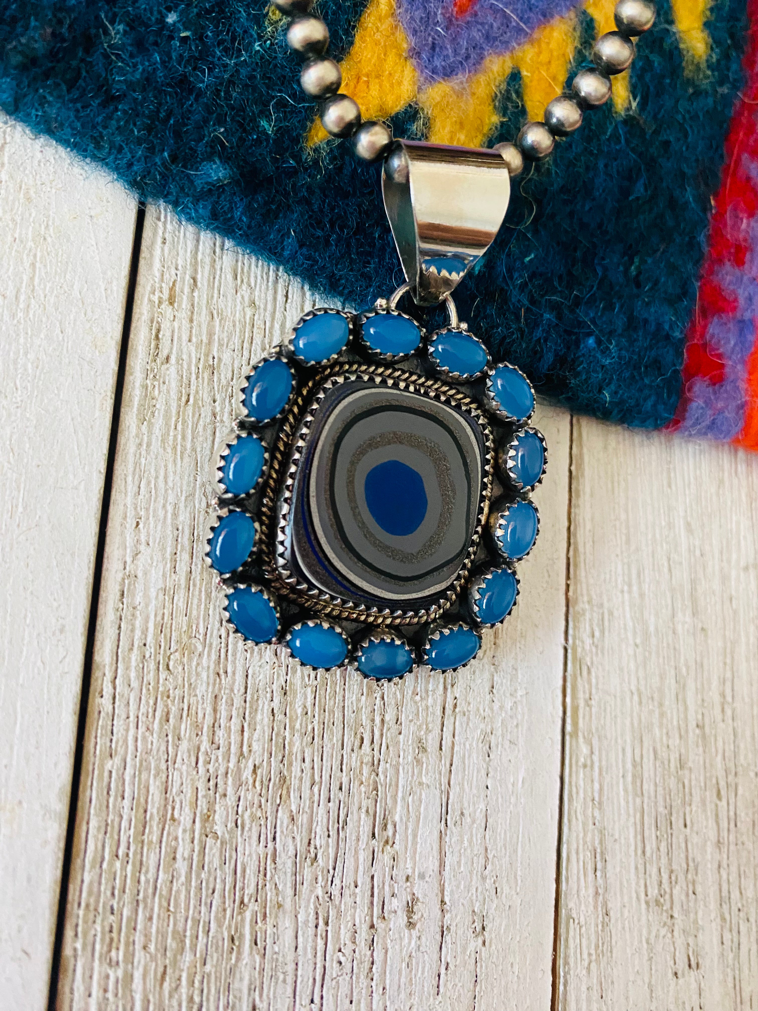 Handmade Sterling Silver, Fordite & Blue Calcedony Cluster Pendant