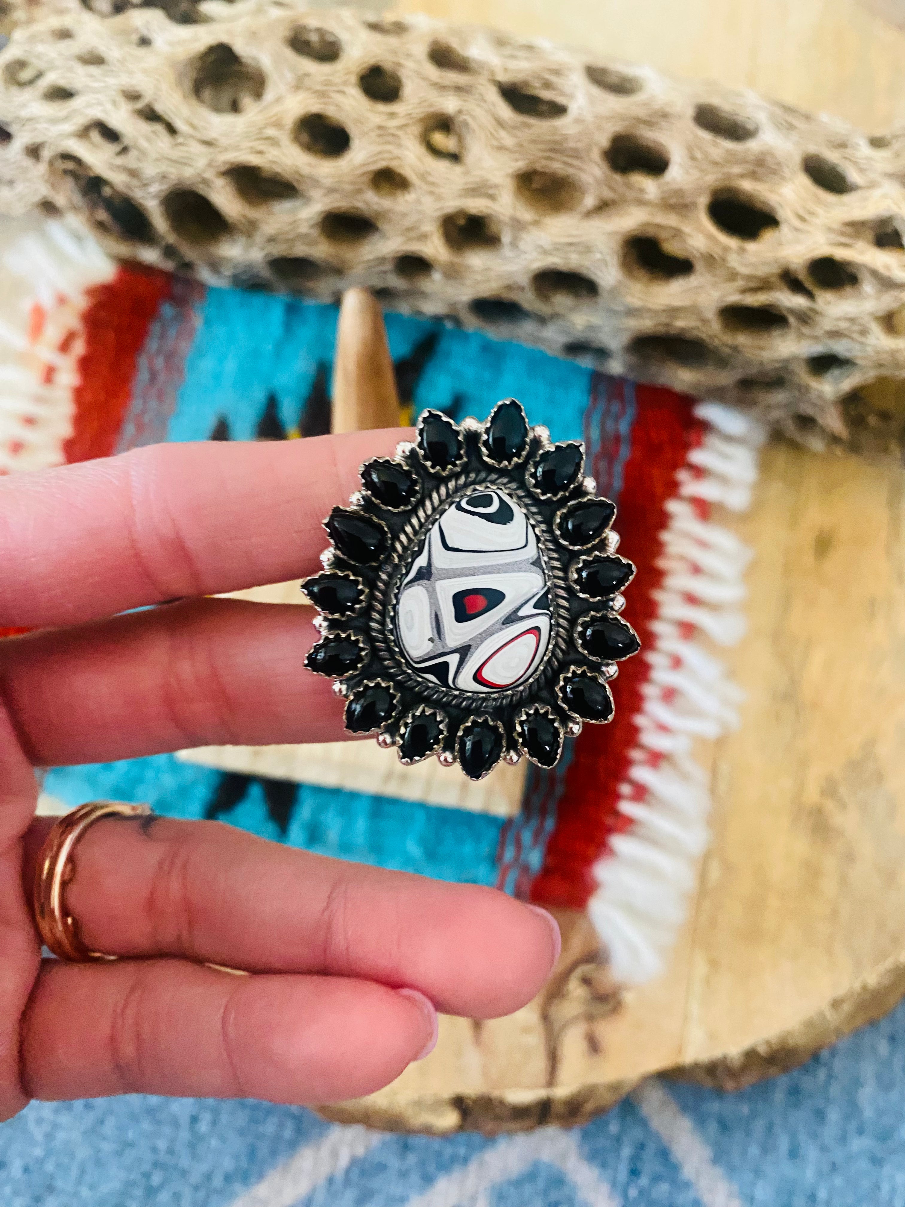 Handmade Sterling Silver, Fordite & Onyx Cluster Adjustable Ring