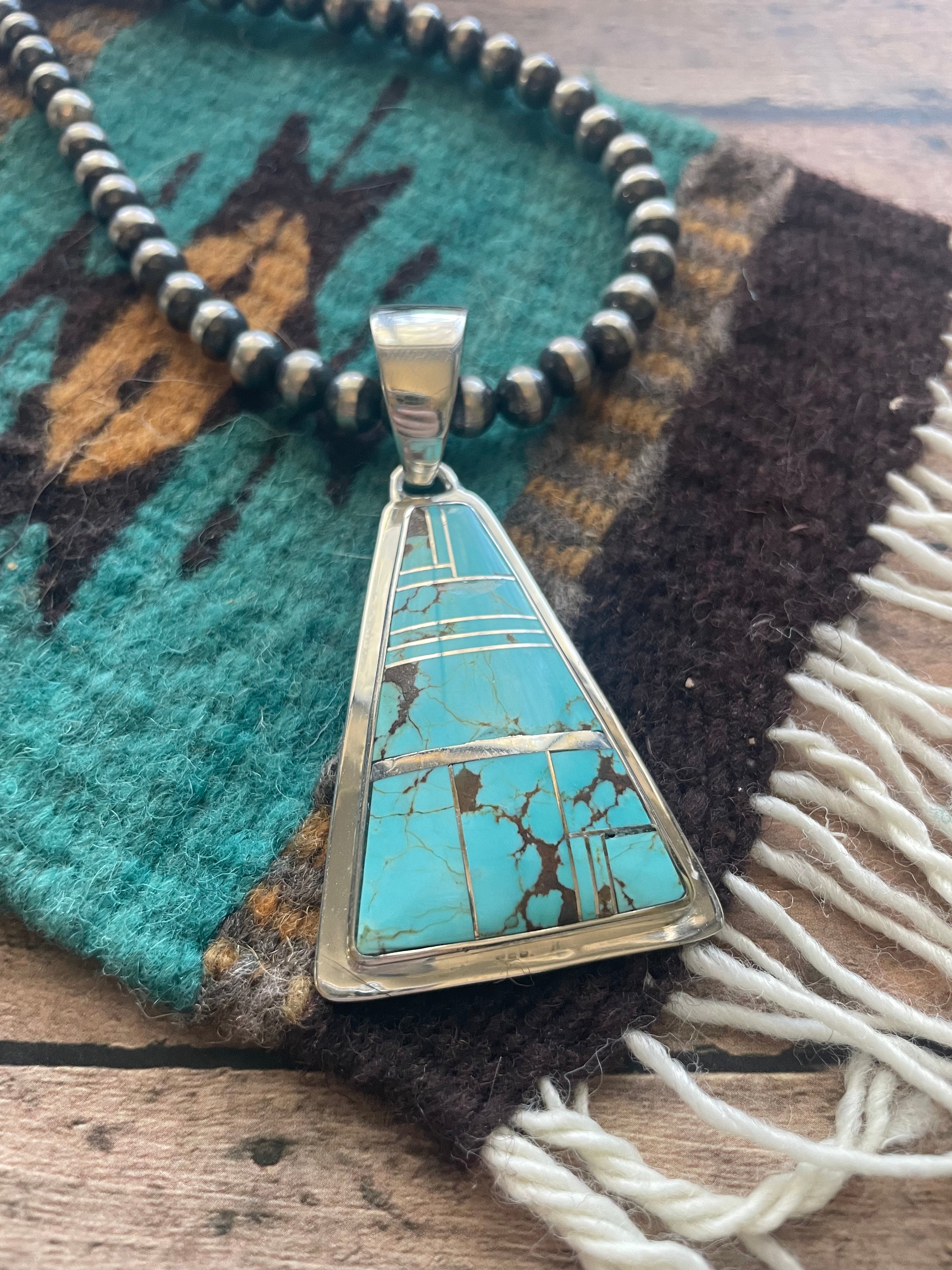 Navajo Number 8 Turquoise Inlay & Sterling Silver Triangle Pendant