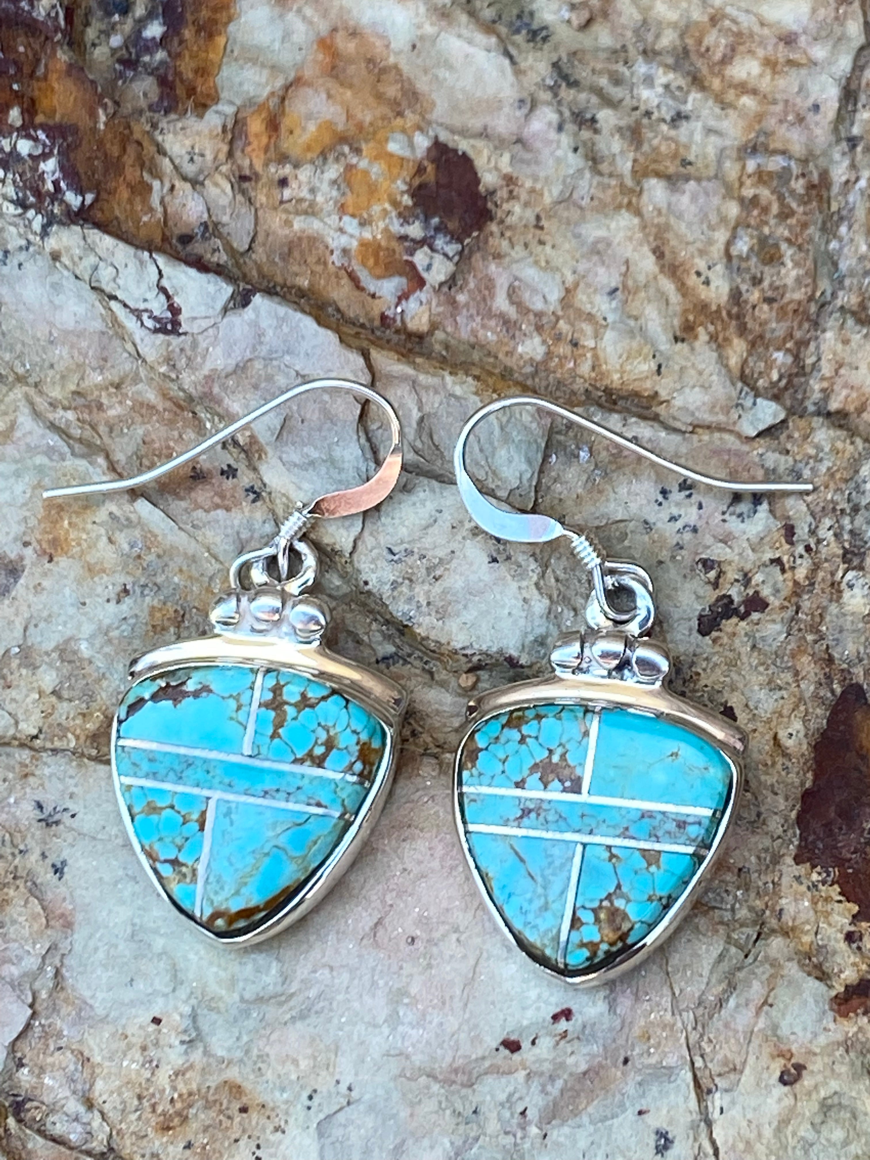 Navajo Turquoise 8 & Sterling Silver Inlay Berry Dangle Earrings