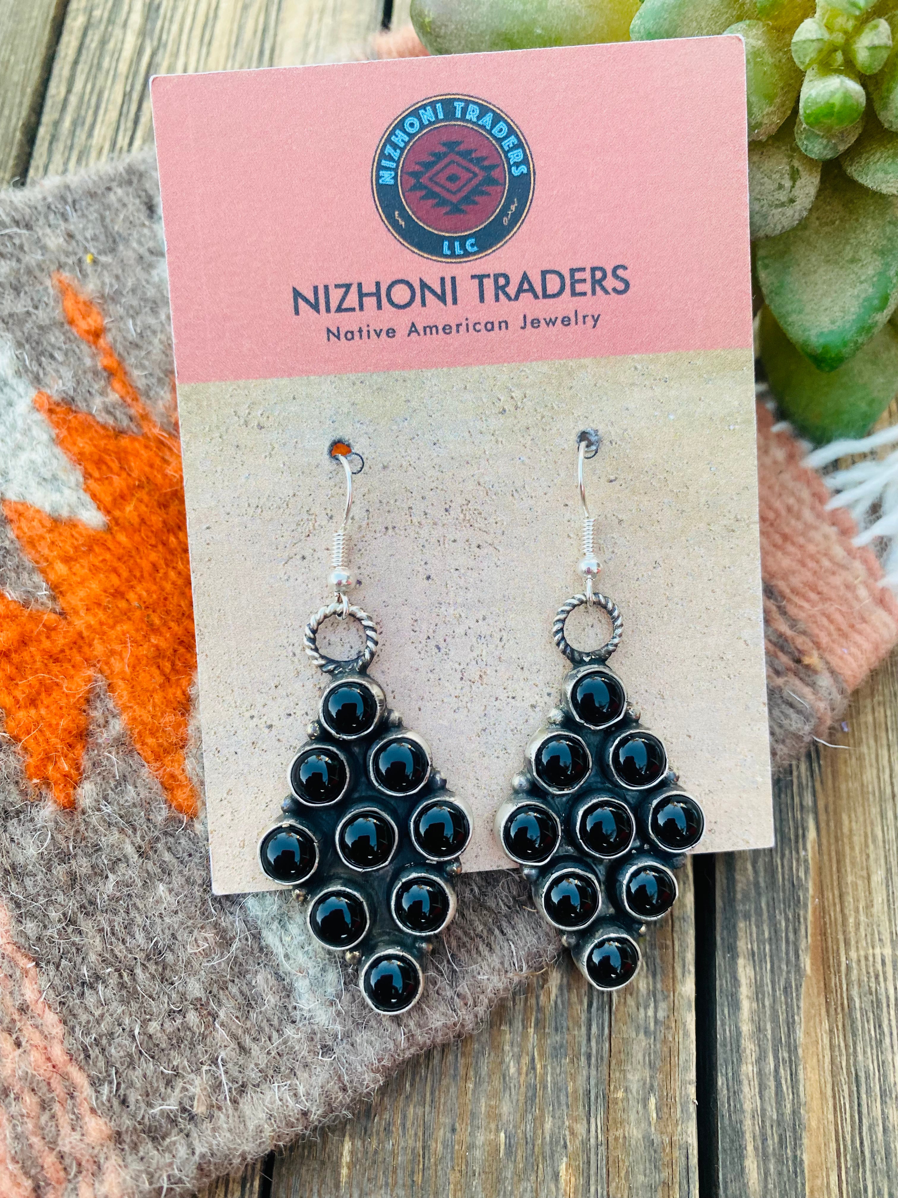 Navajo Onyx And Sterling Silver Cluster Dangle Earrings