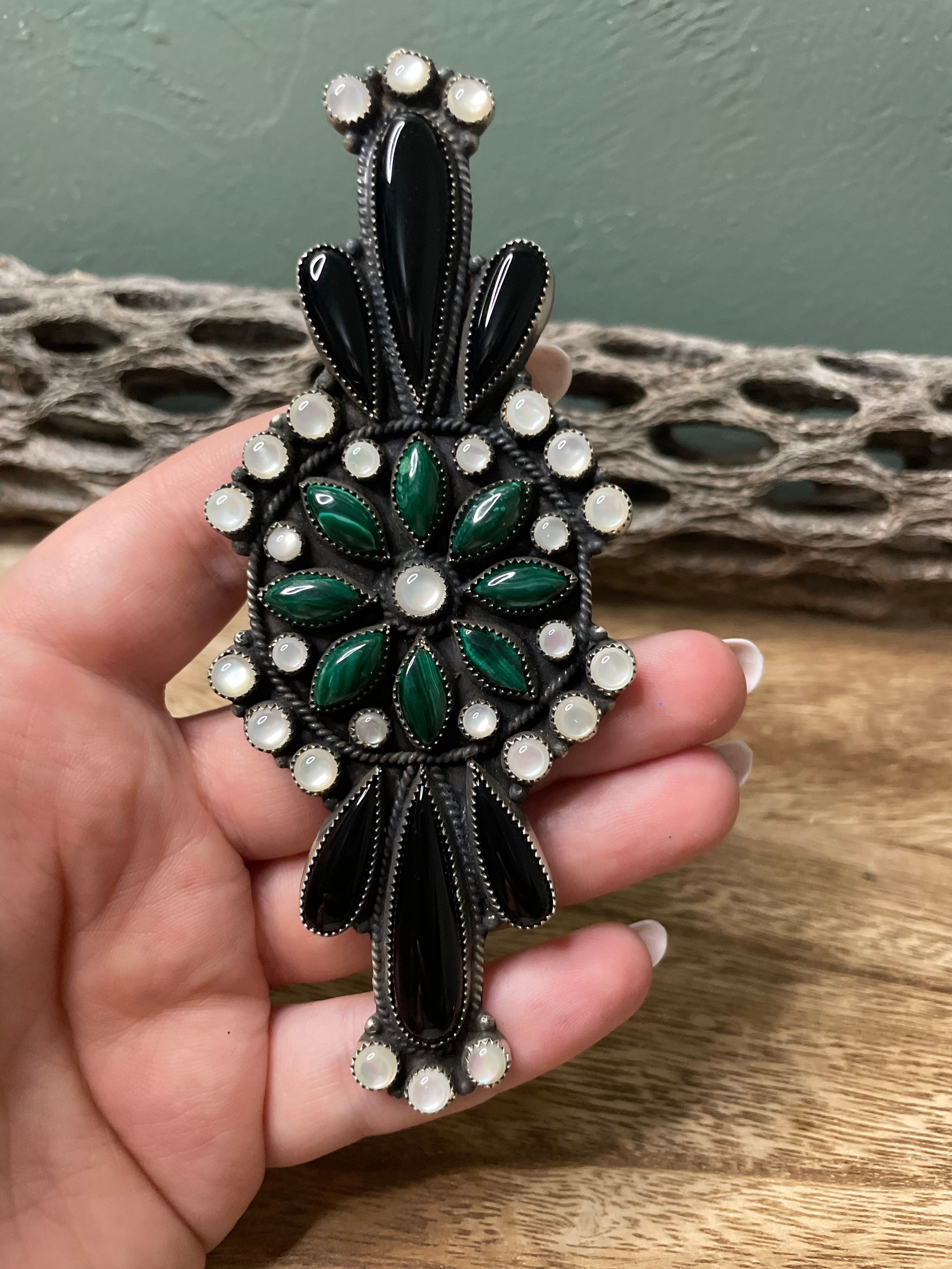 Navajo Sterling Silver Black Onyx And Malachite  Statement Ring Size 8 By Devon Brown