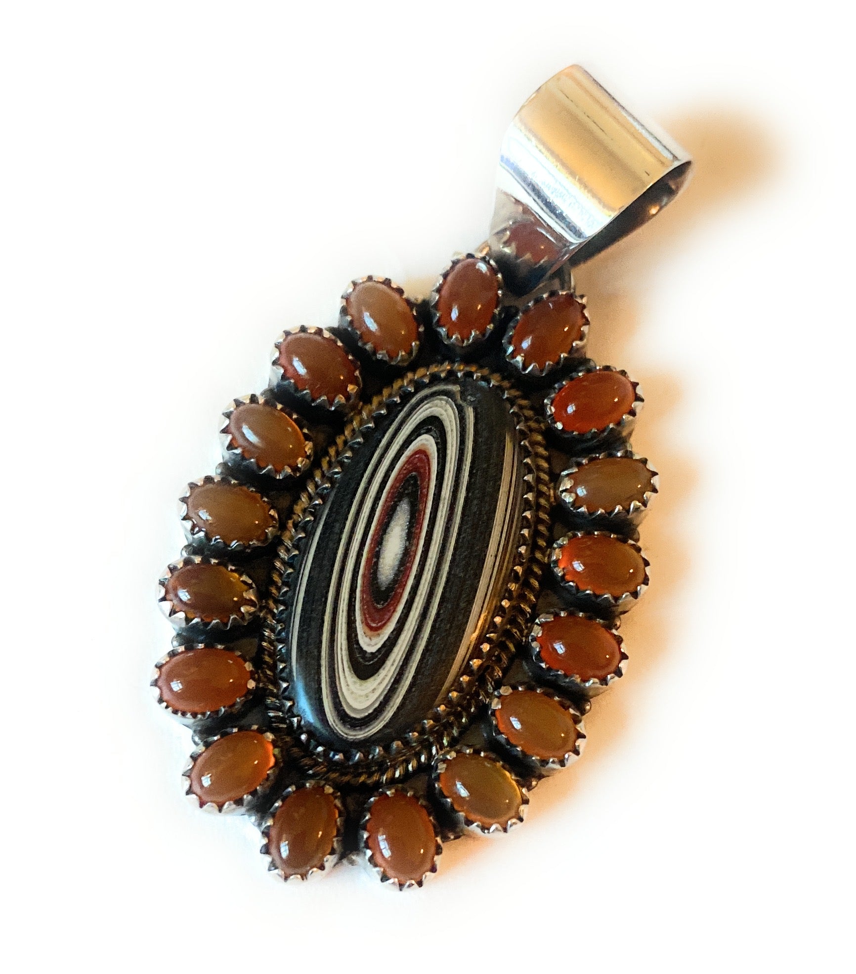 Handmade Sterling Silver, Fordite & Garnet Cluster Pendant