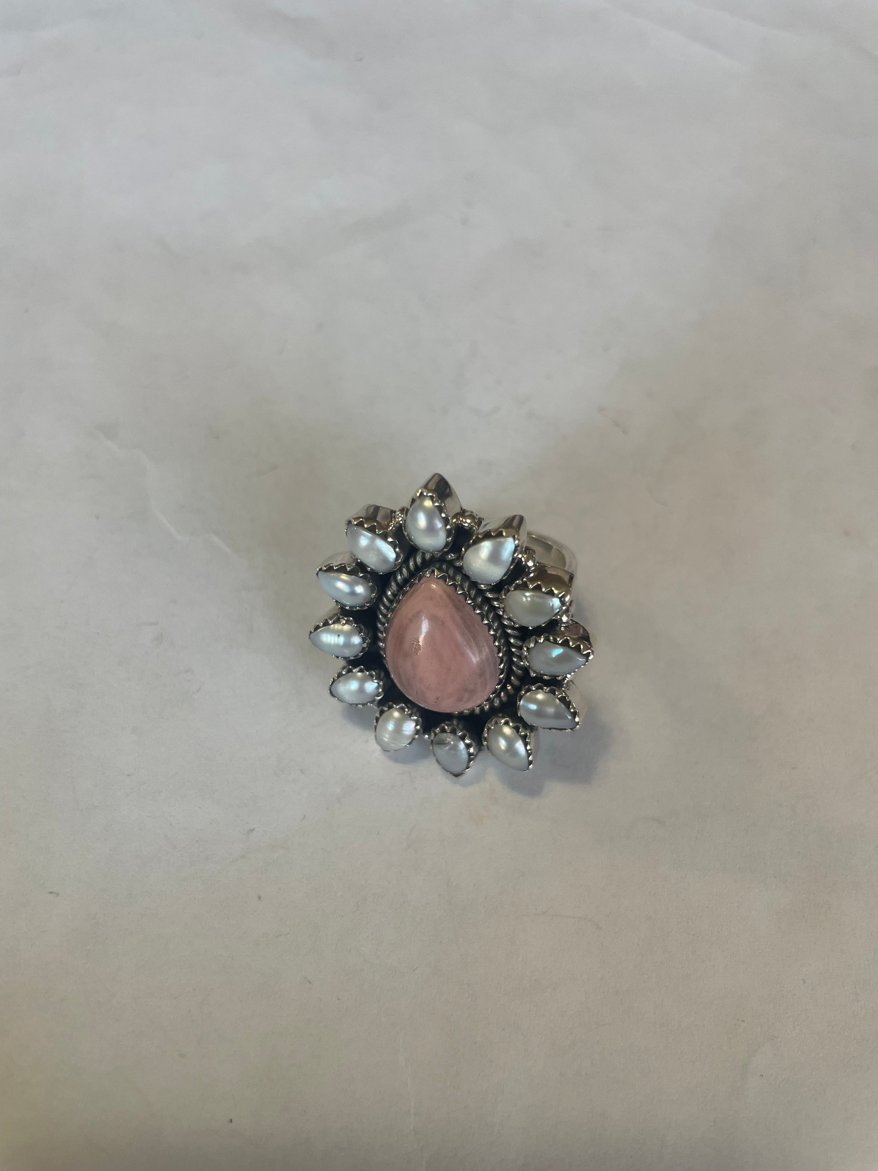 Handmade Sterling Silver, Mother of Pearl & Rhodochrosite Cluster Adjustable Ring Signed Nizhoni