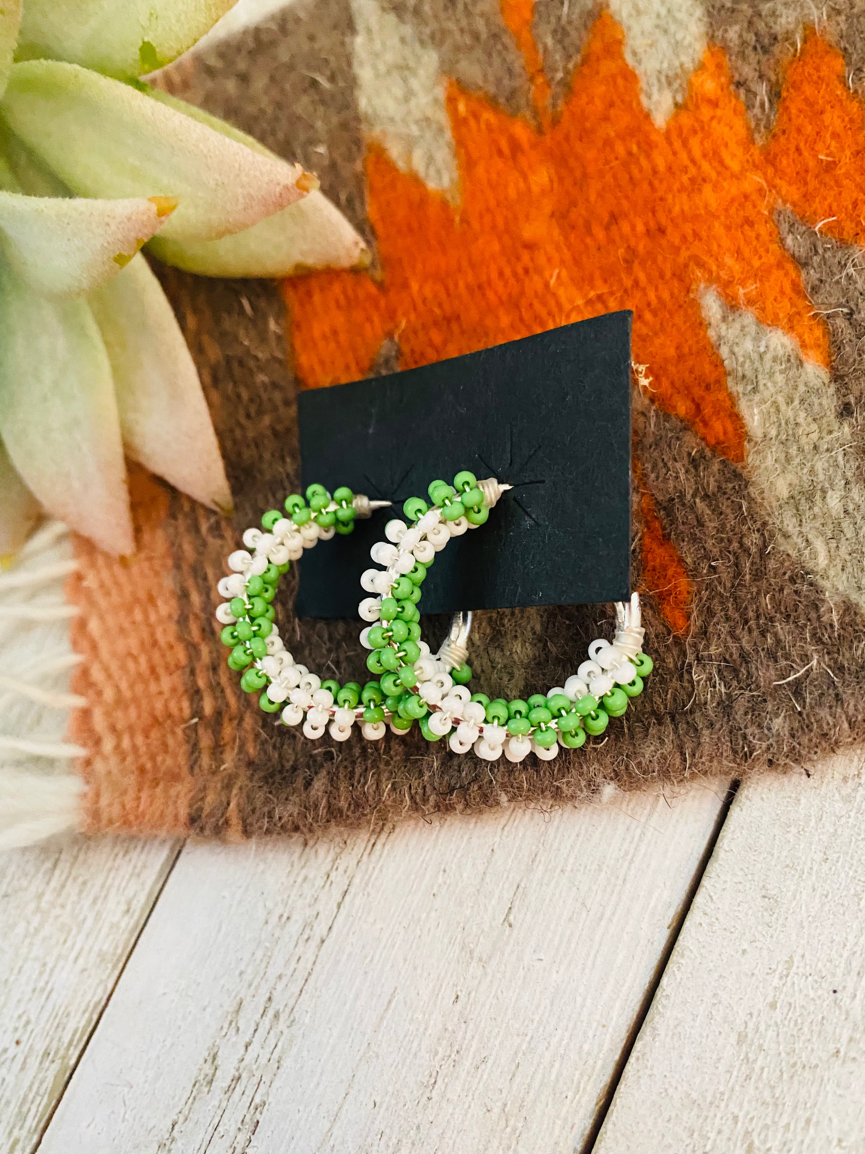 Navajo Handmade Beaded Hoop Earrings- green/white