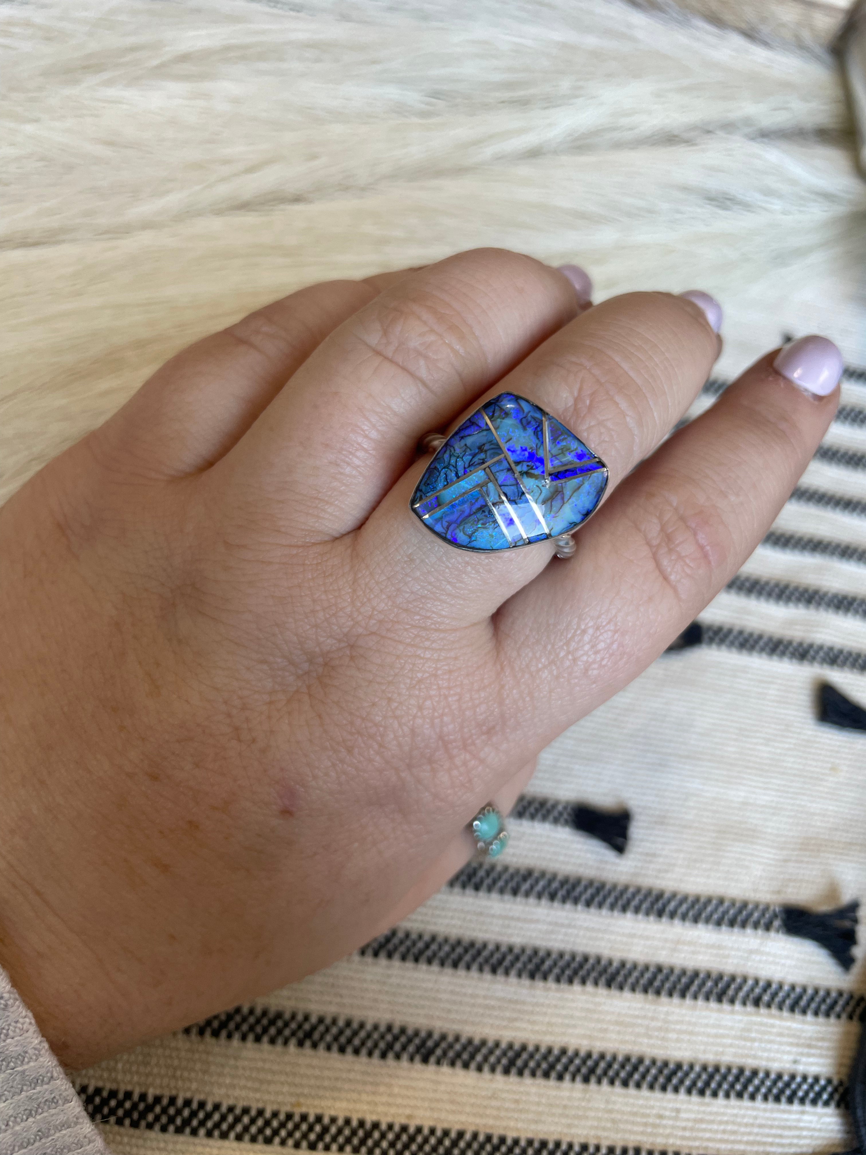 Navajo Sterling Silver & Blue Opal Inlay Ring Size 9.5