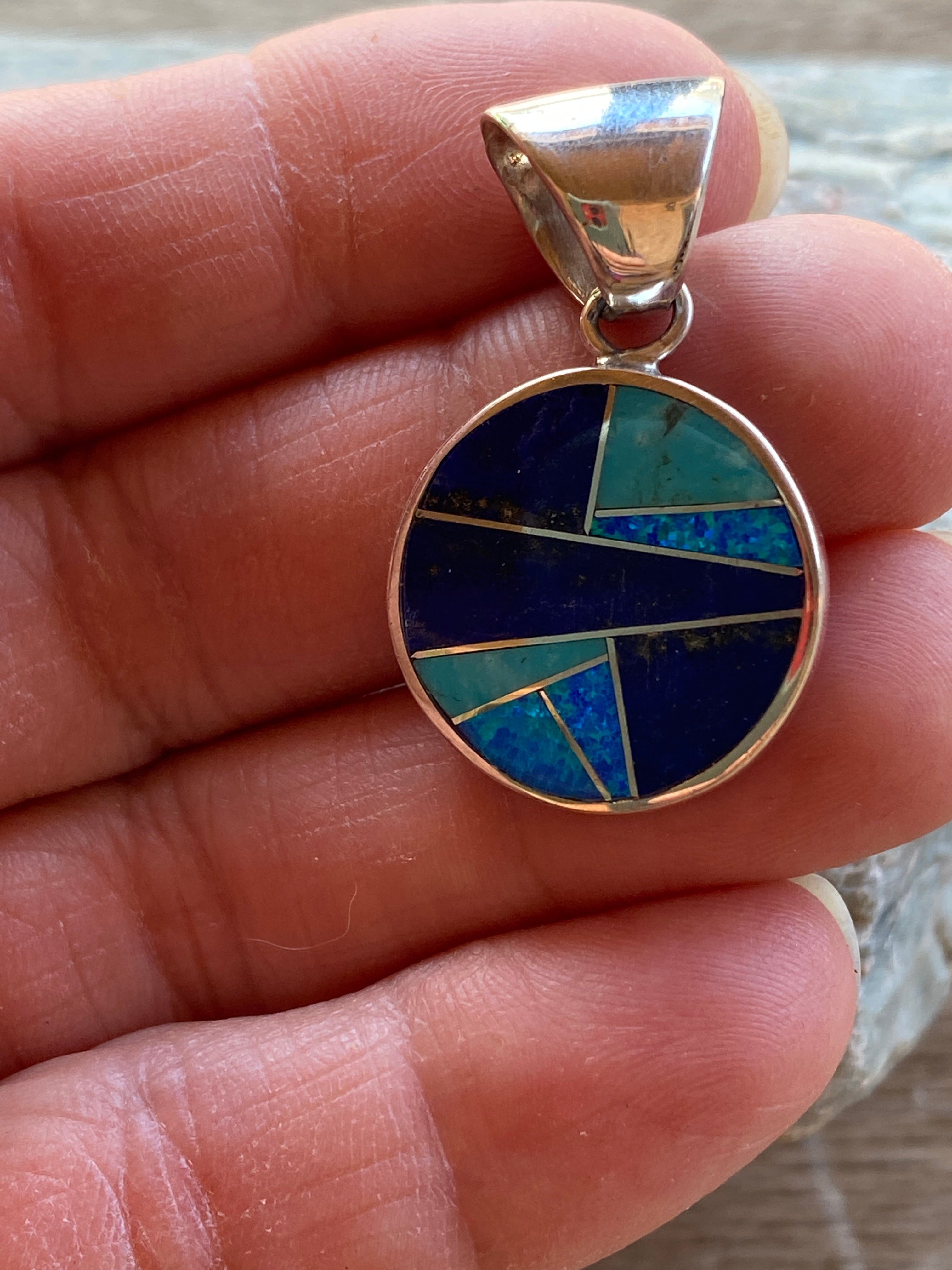 Navajo Lapis, Turquoise, Blue Opal Small Circle Pendant