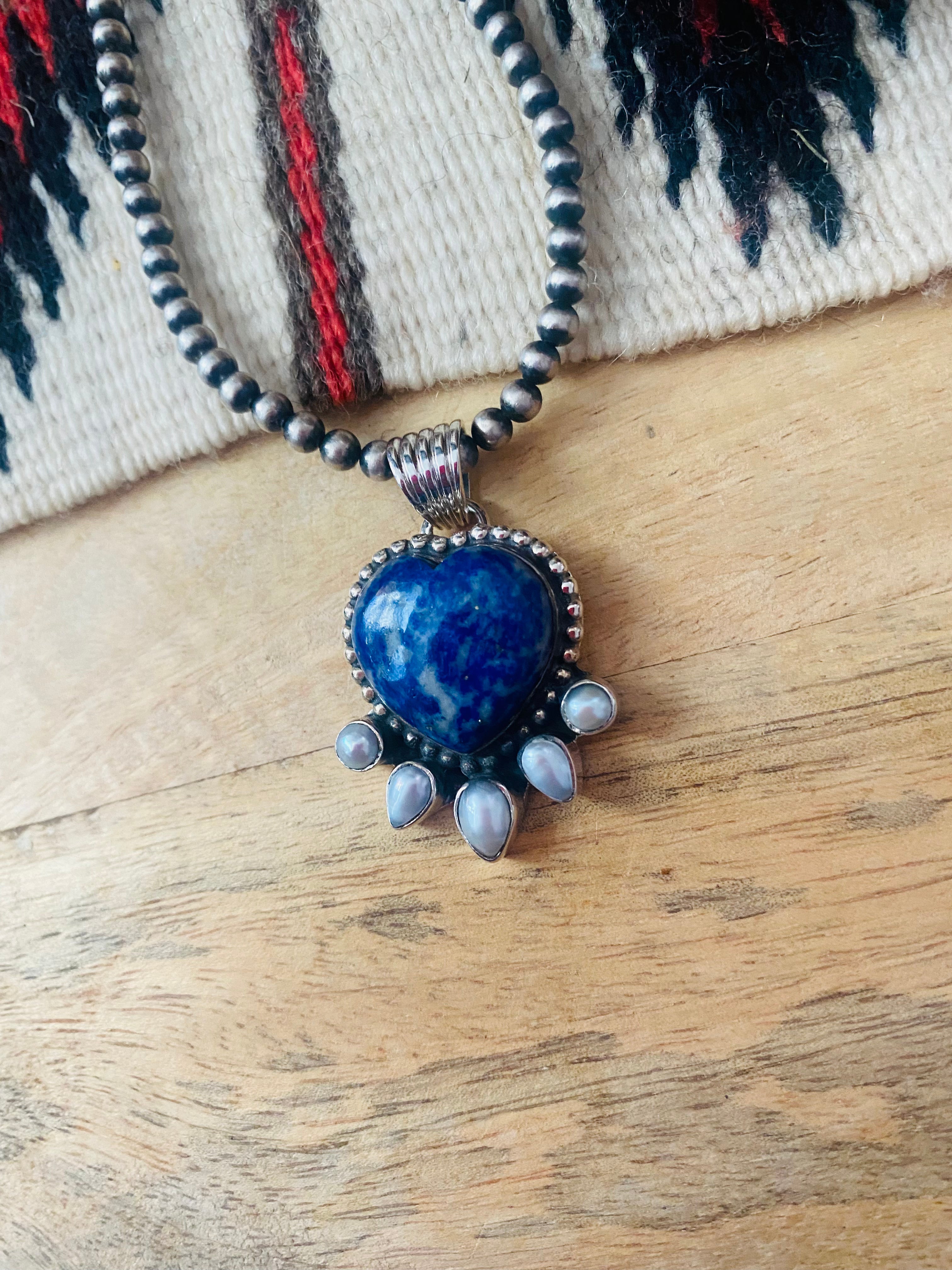 Denim Lapis & Pearl Heart Pendant