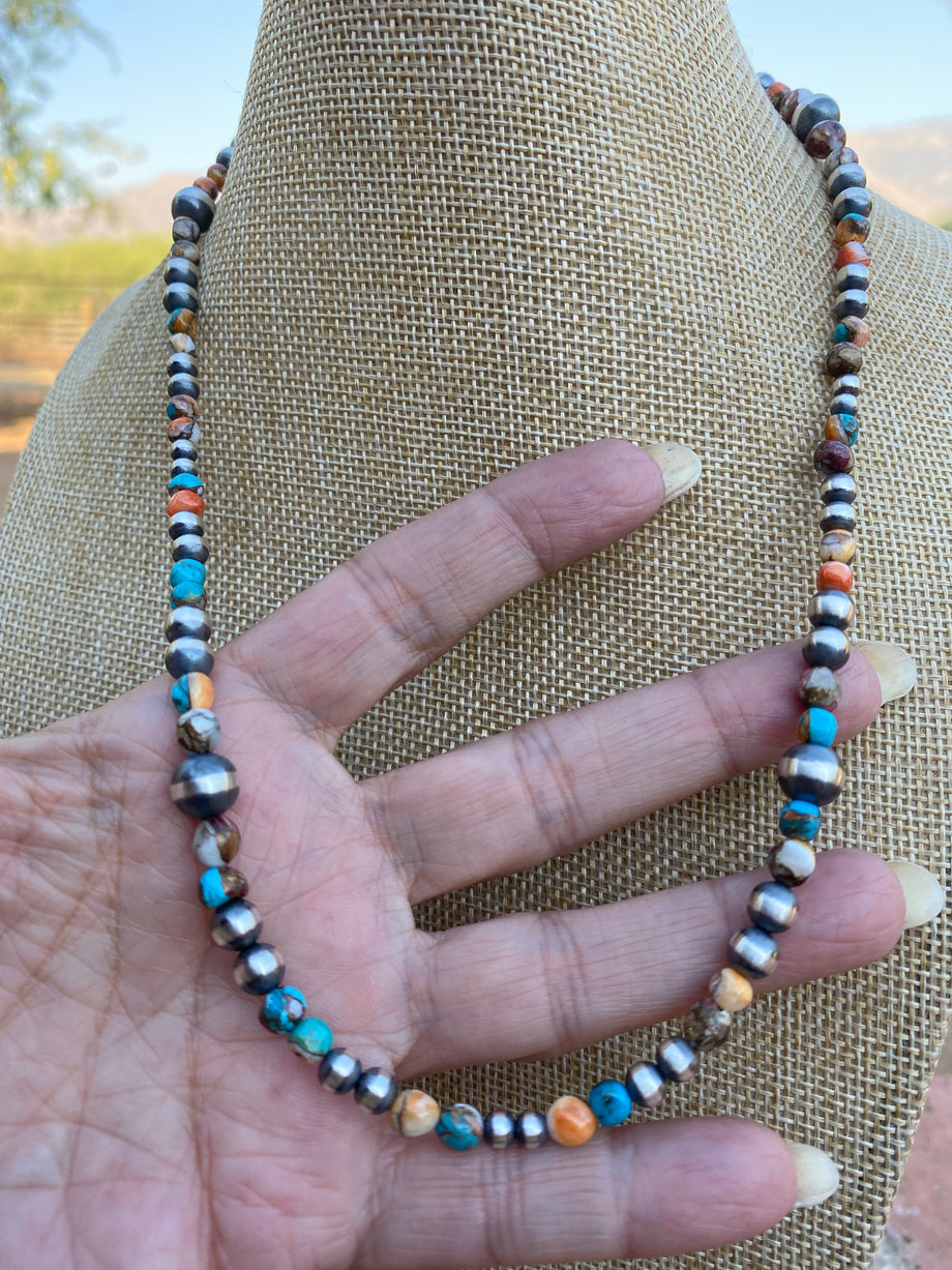 Navajo Turquoise & Spiny Spice Sterling Silver Beaded Necklace 20 inch