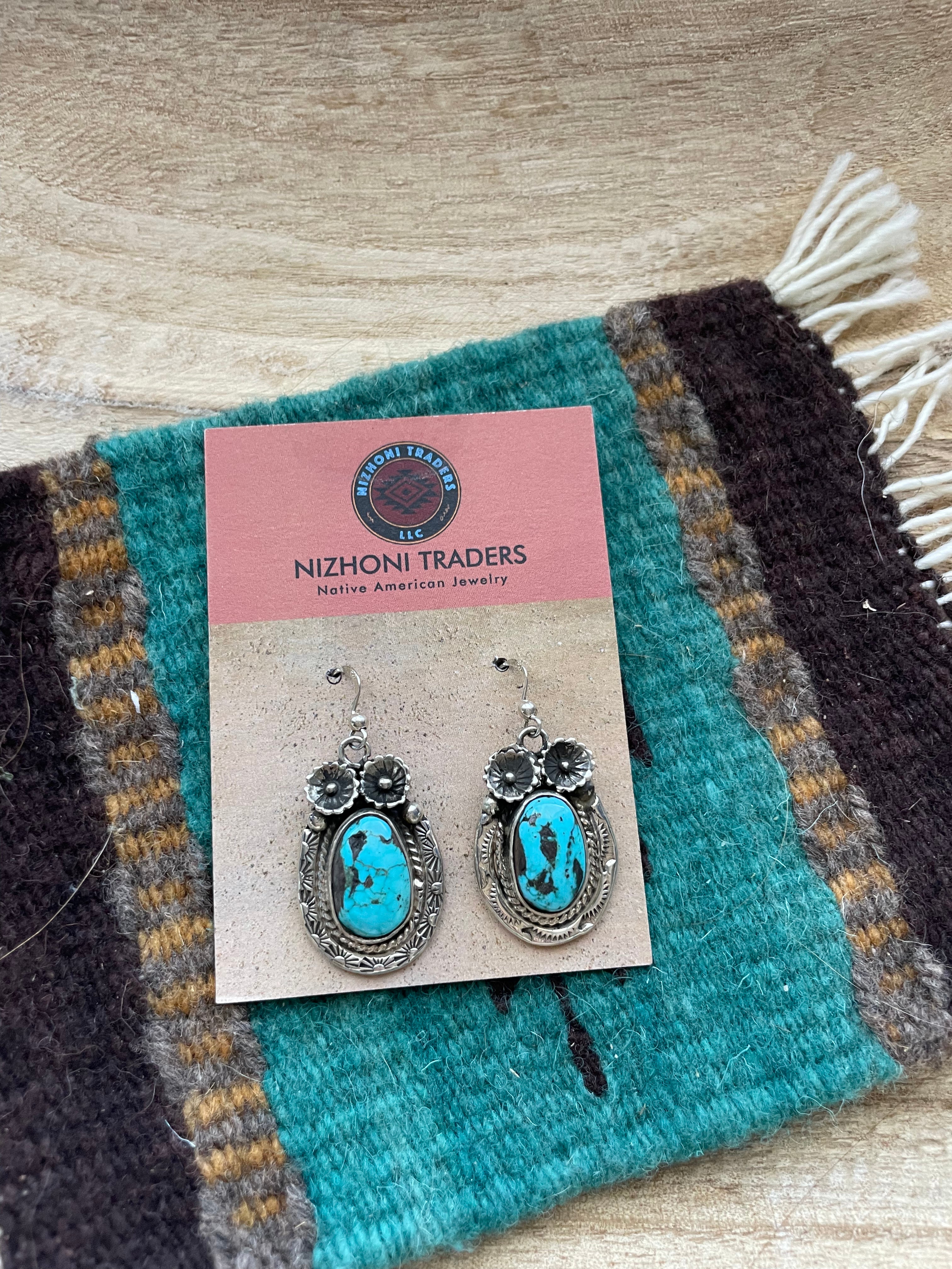 Navajo Kingman Turquoise & Sterling Silver Dangle Earrings