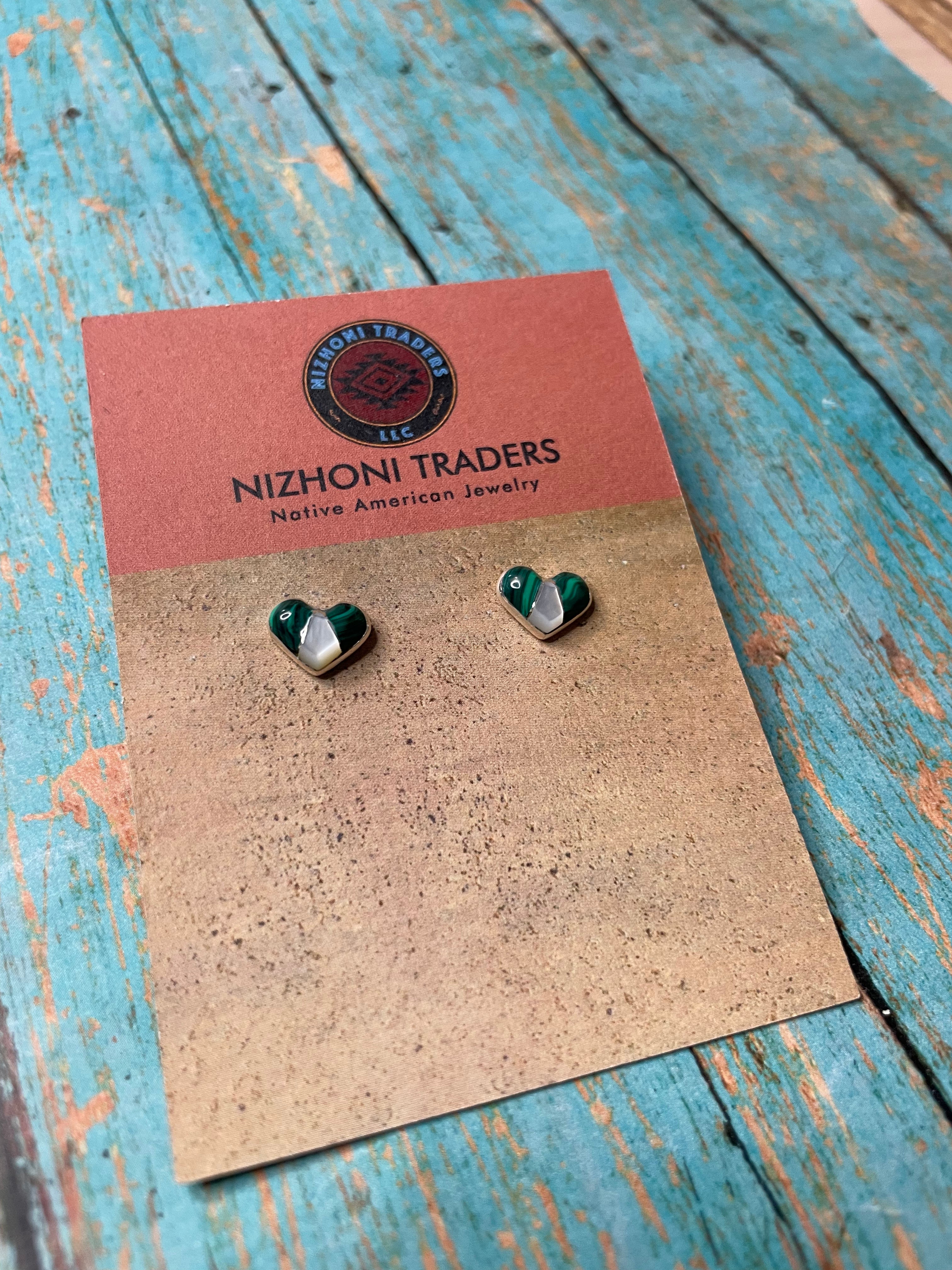 Zuni Sterling Silver, Malachite, Mother of Pearl Stud Heart Earrings