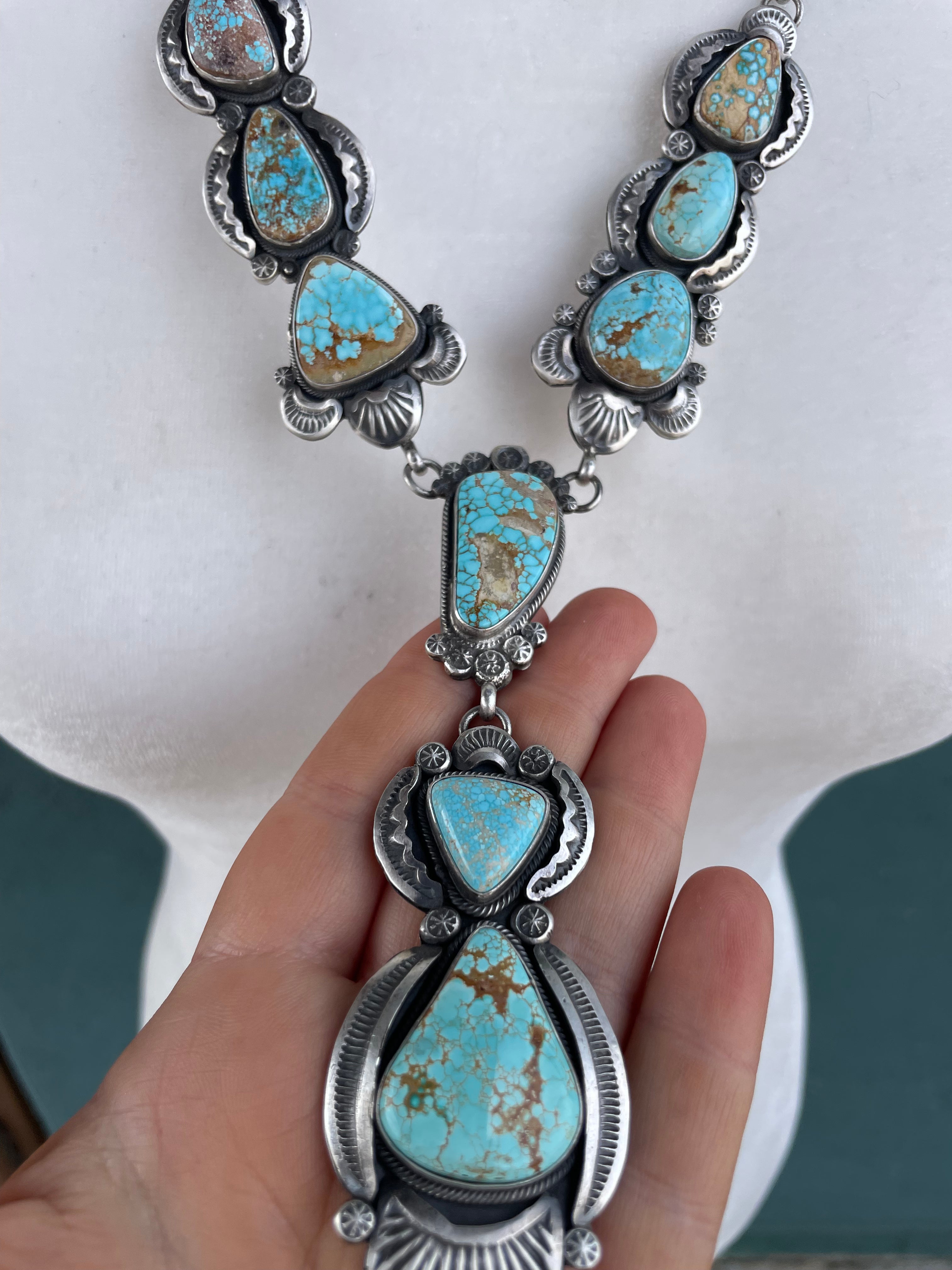 Navajo Sterling Silver & Number 8 Turquoise Necklace Earring Set Signed