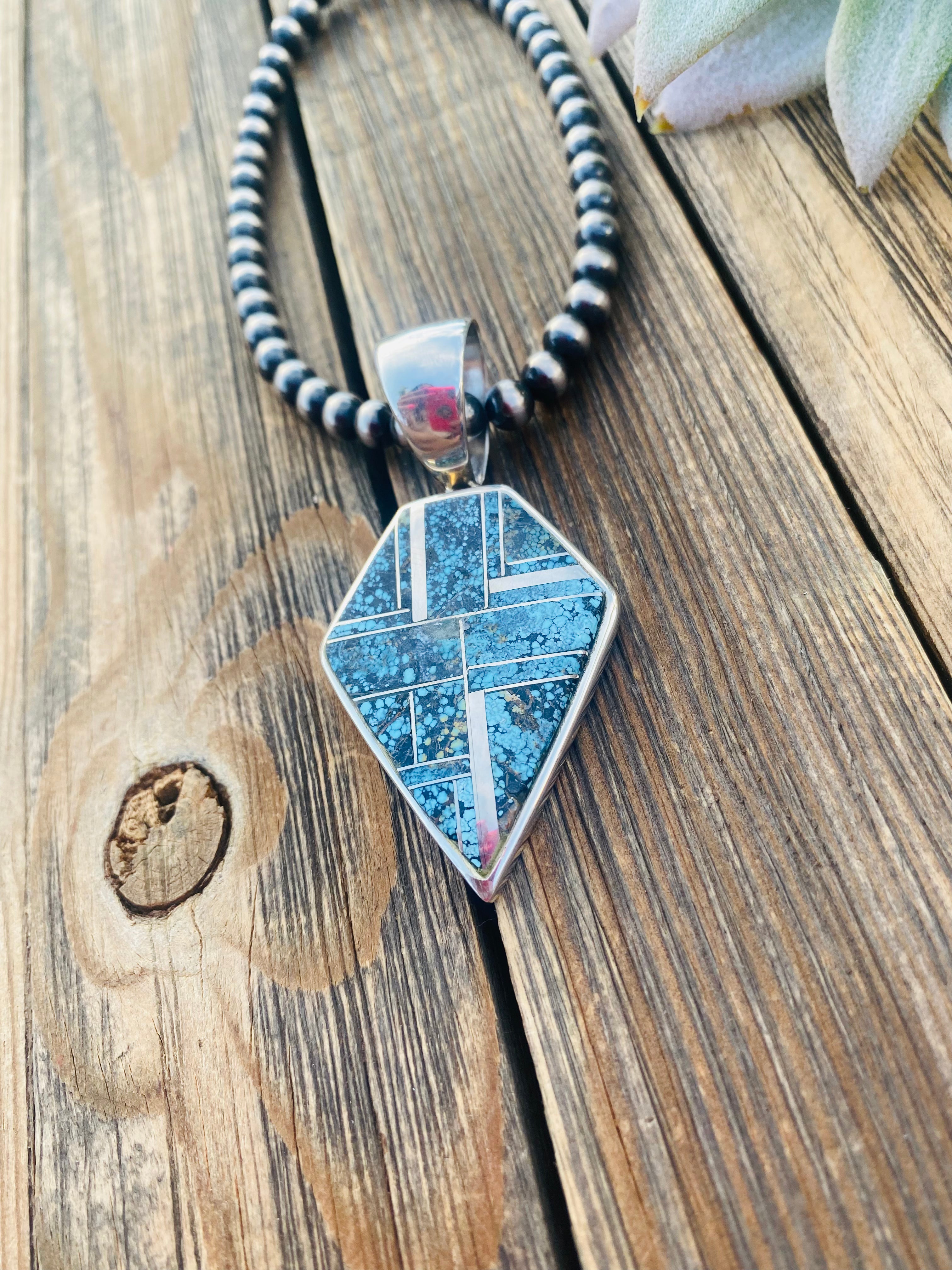 Navajo Blue Moon Turquoise and Sterling Silver Inlay Pendant