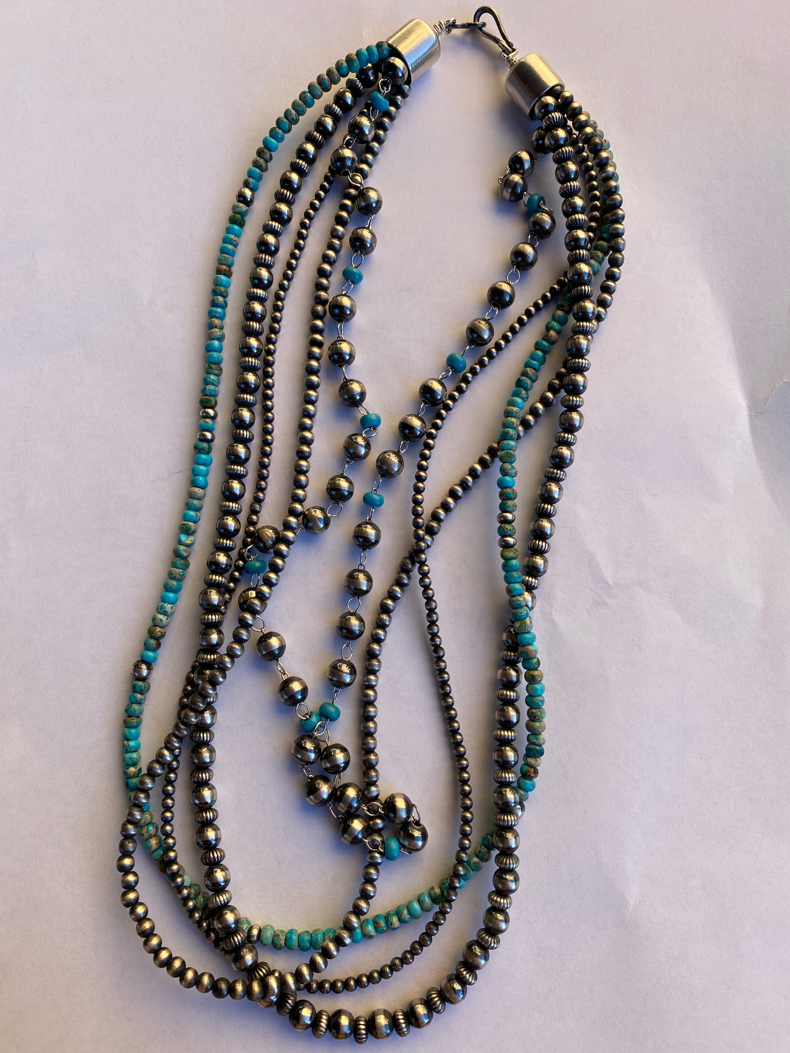 Navajo Turquoise & Sterling Silver 5 strand Beaded Necklace