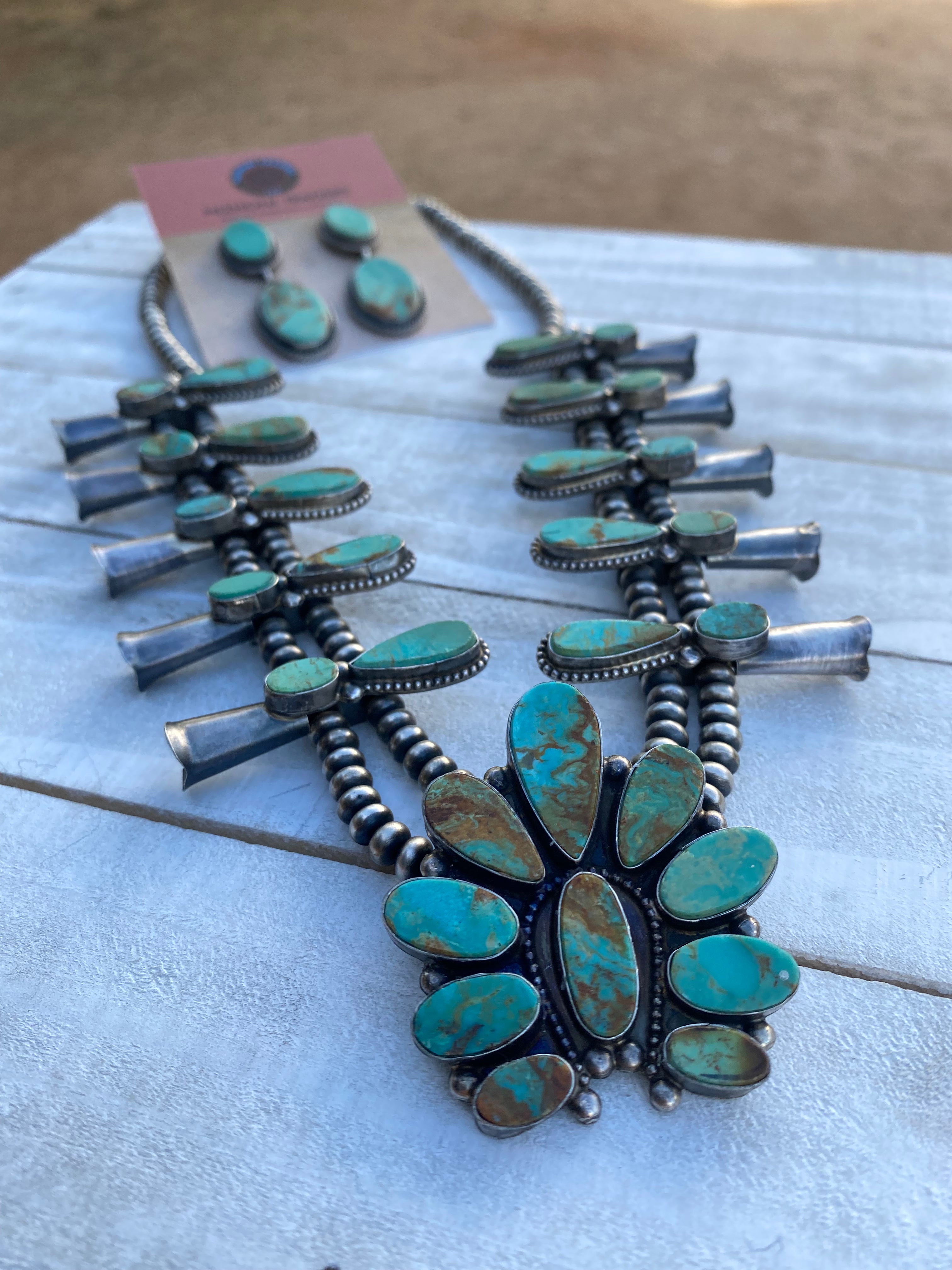 Navajo Sterling Silver & Royston Turquoise Squash Necklace Set Signed