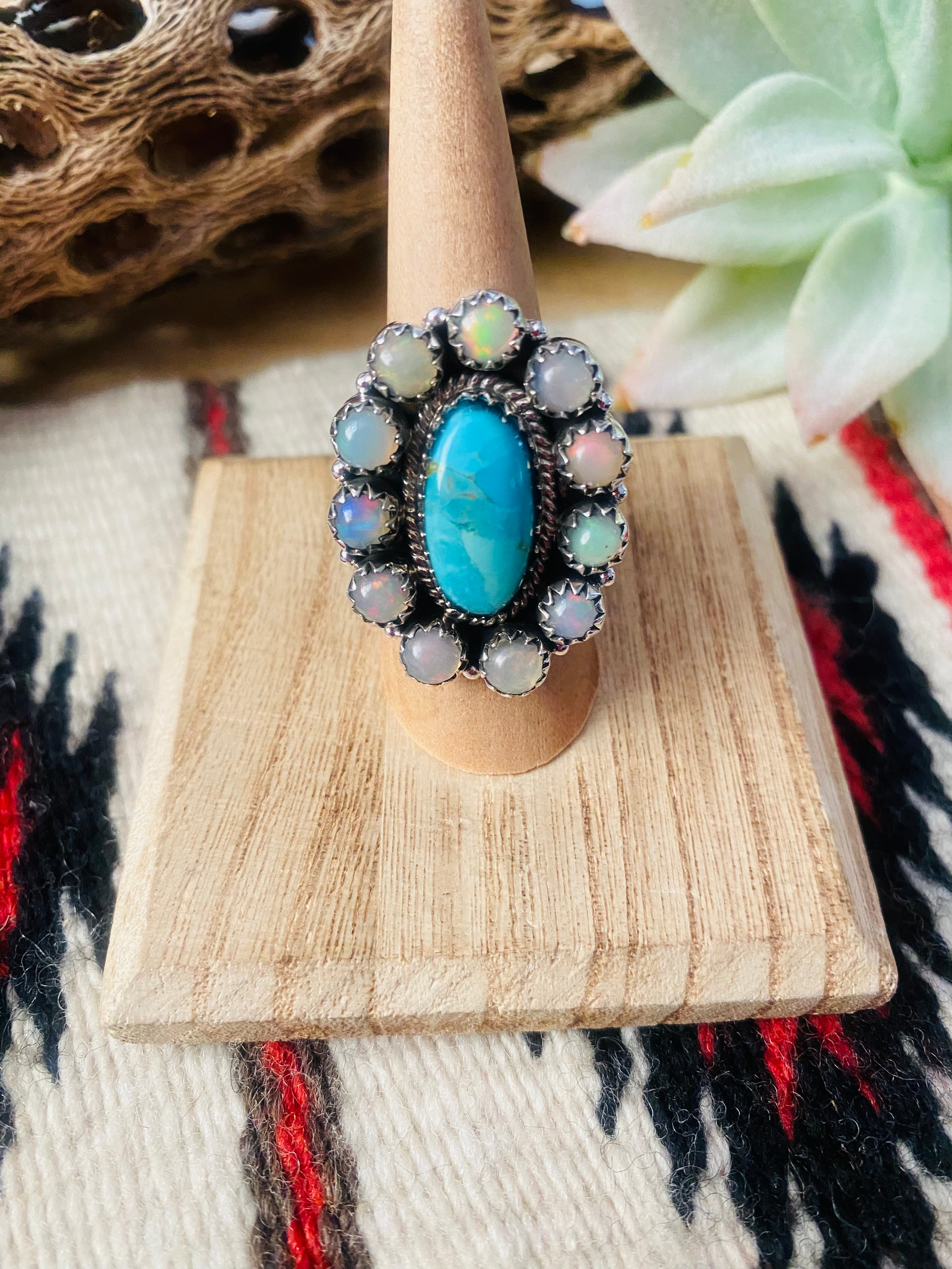 Handmade Sterling Silver, Turquoise & Opal Cluster Adjustable Ring