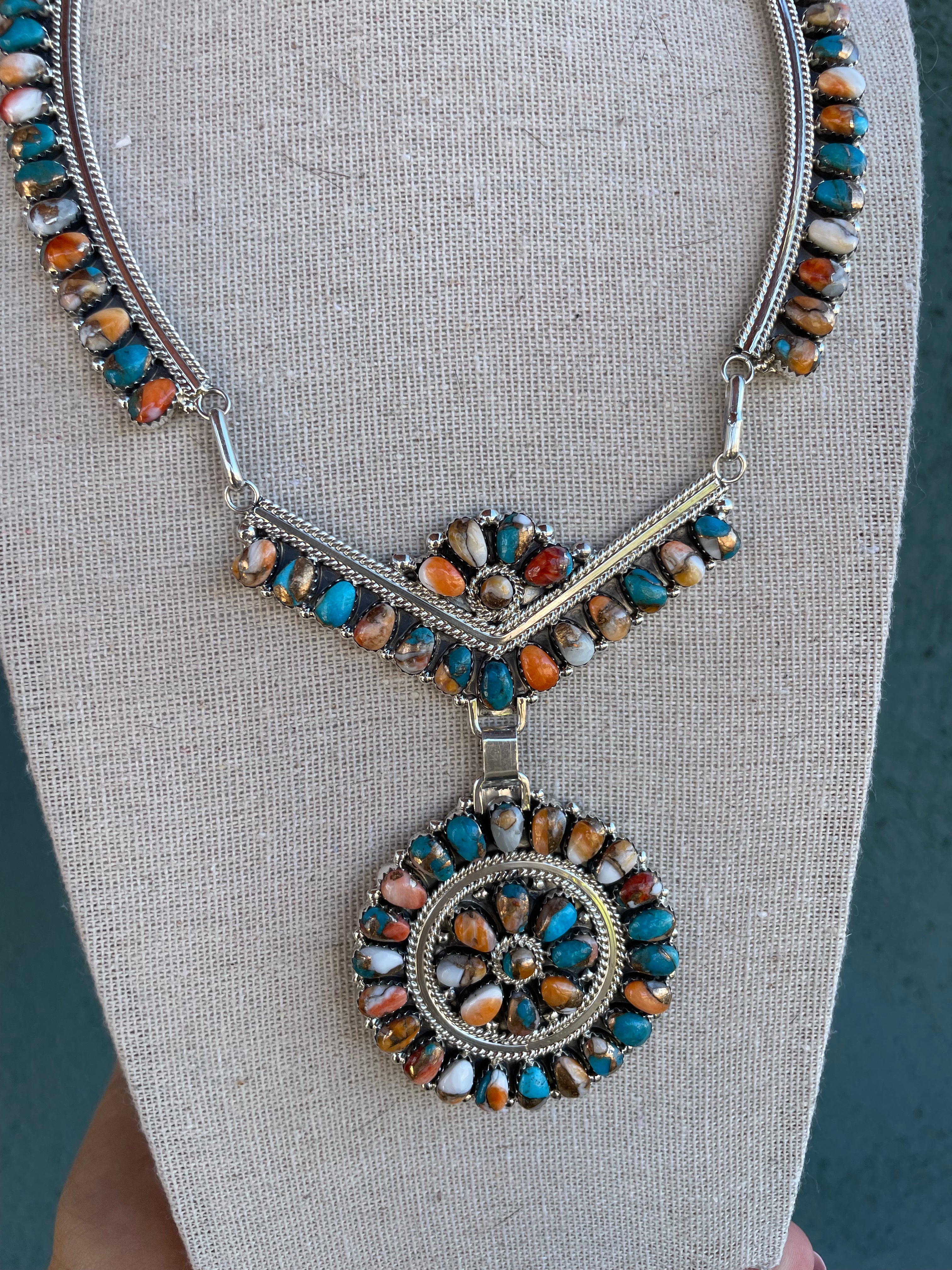 Navajo Sterling Silver And Multi Stone Spice Necklace Signed