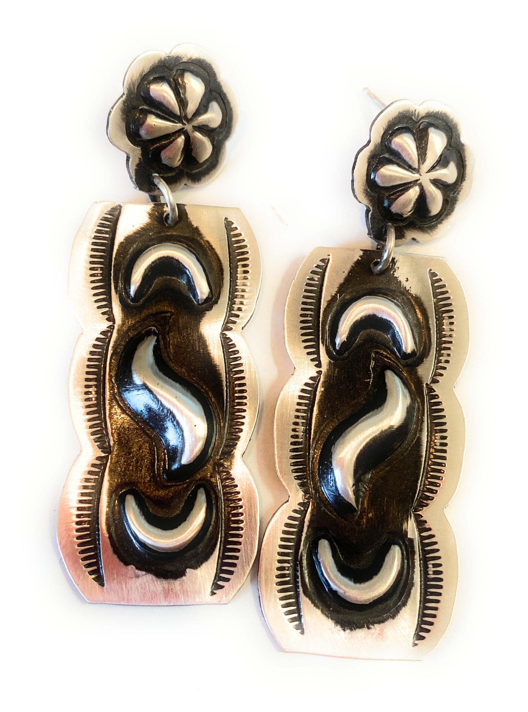 Navajo Sterling Silver Concho Dangle Earrings By Leander Tahe