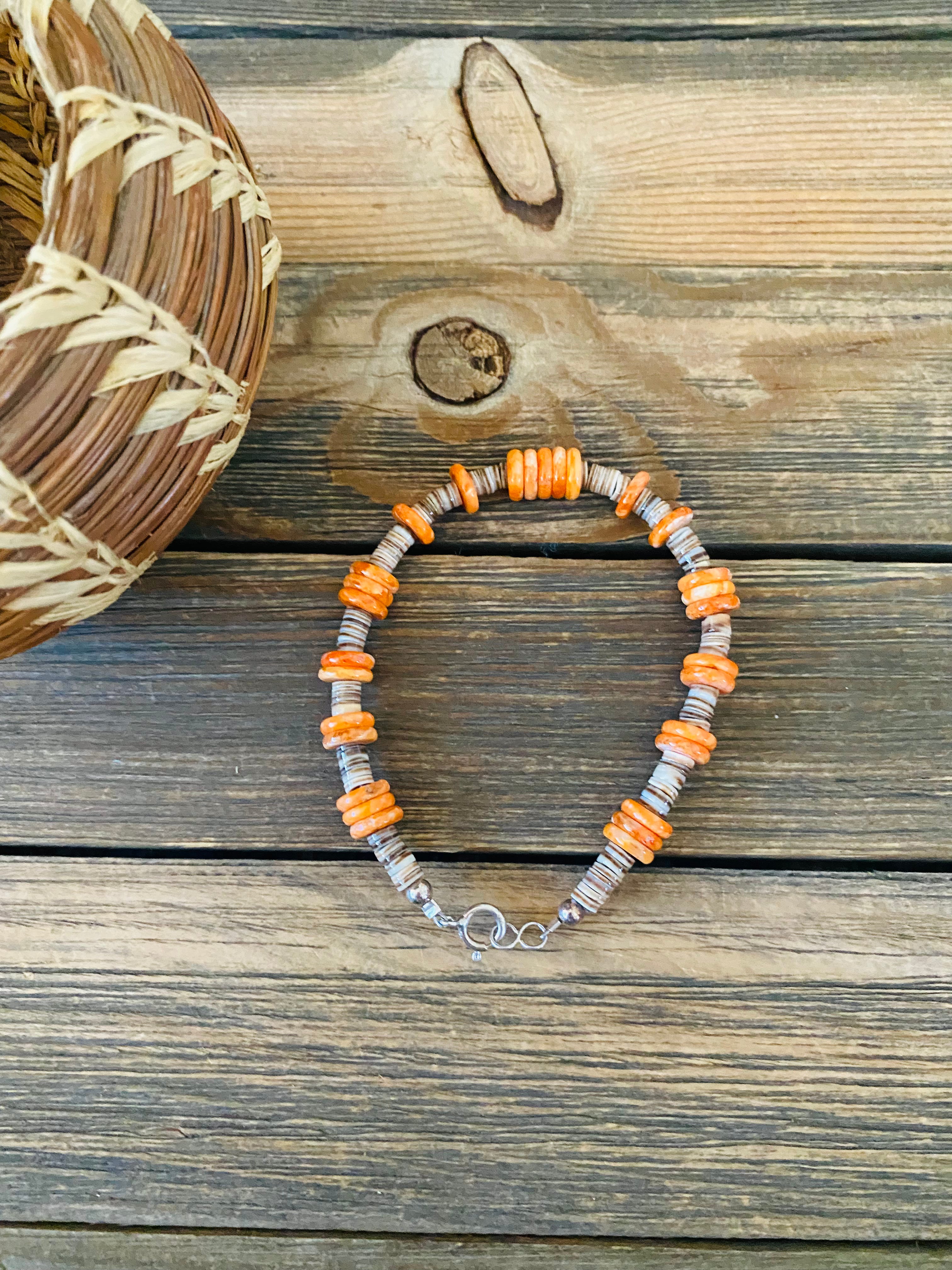 Navajo Orange Spiny, Heishi & Sterling Silver Beaded Bracelet