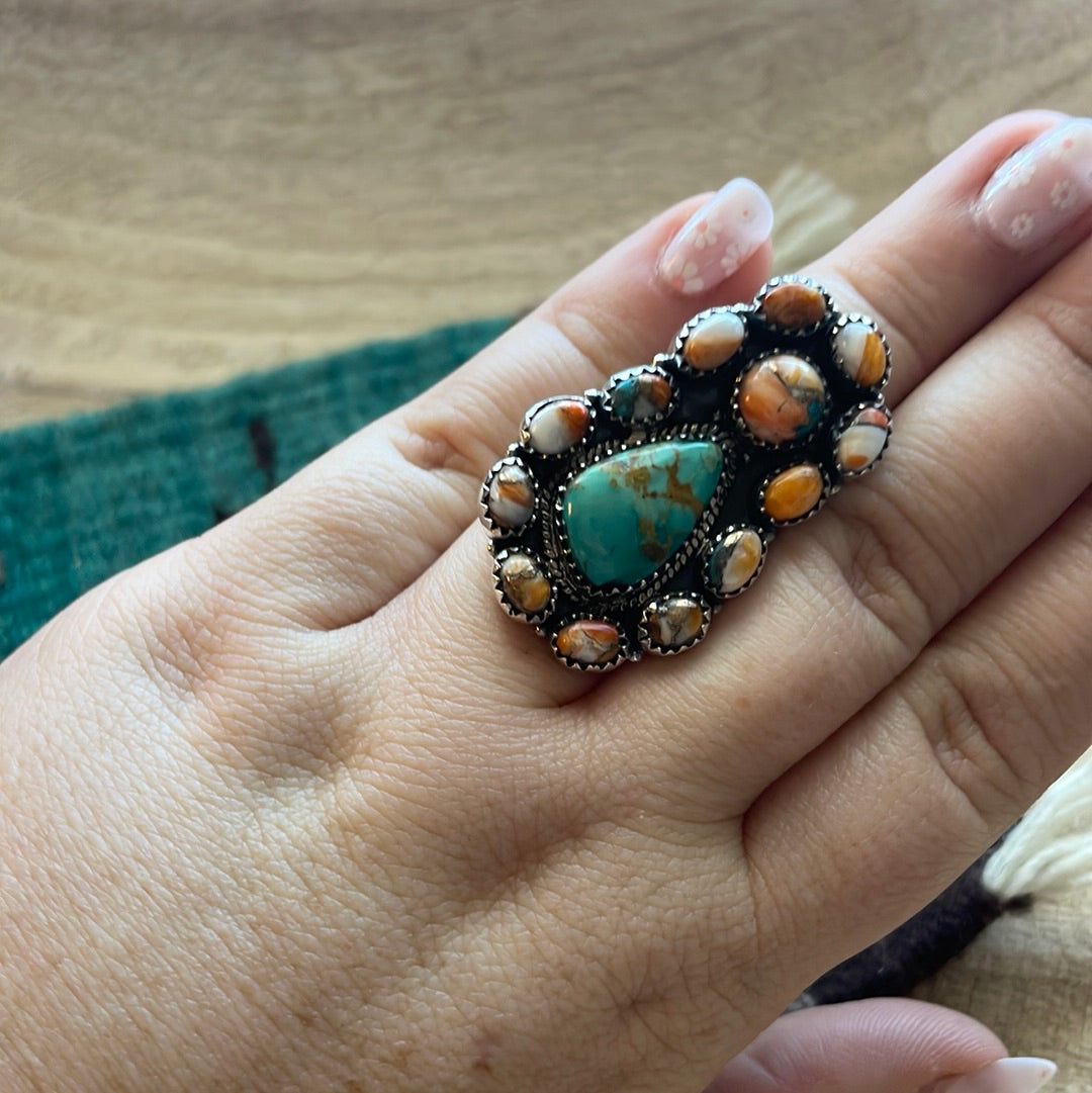 Beautiful Handmade Turquoise, Spice And Sterling Silver Adjustable Ring Signed Nizhoni