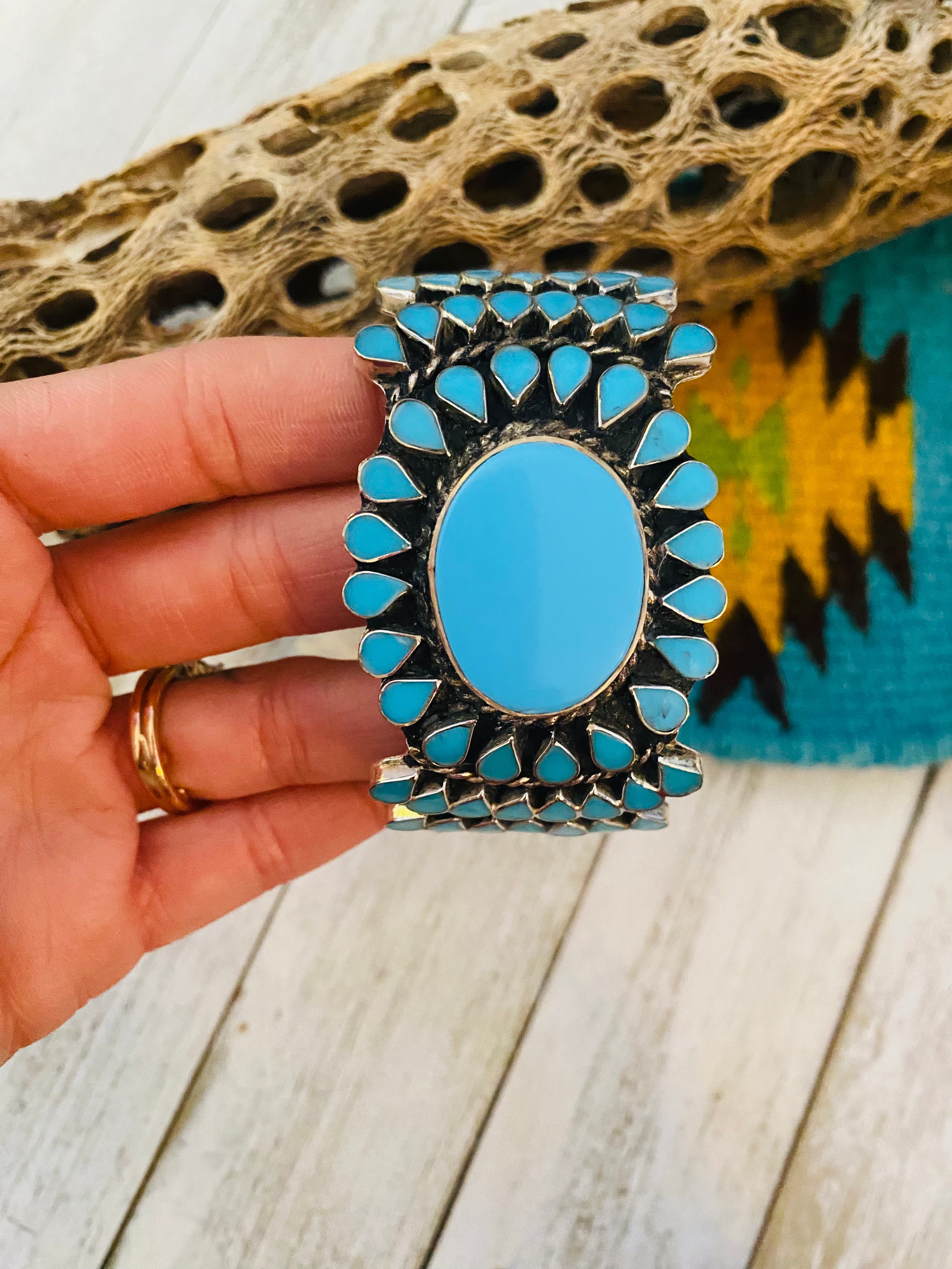 Navajo Old Pawn Vintage Turquoise & Sterling Silver Cluster Cuff Bracelet