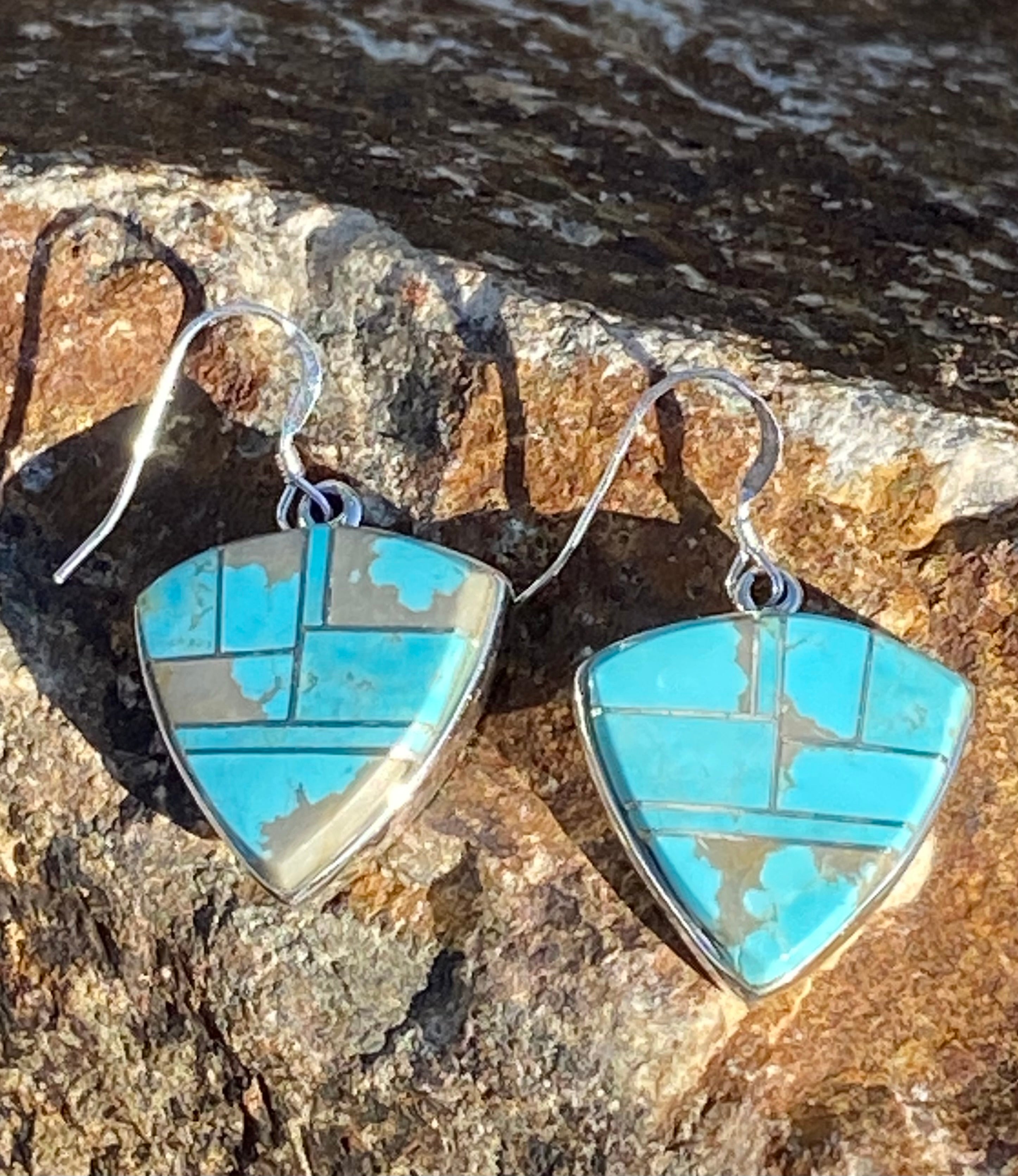 Navajo Turquoise 8 & Sterling Silver Shield Dangle Earrings