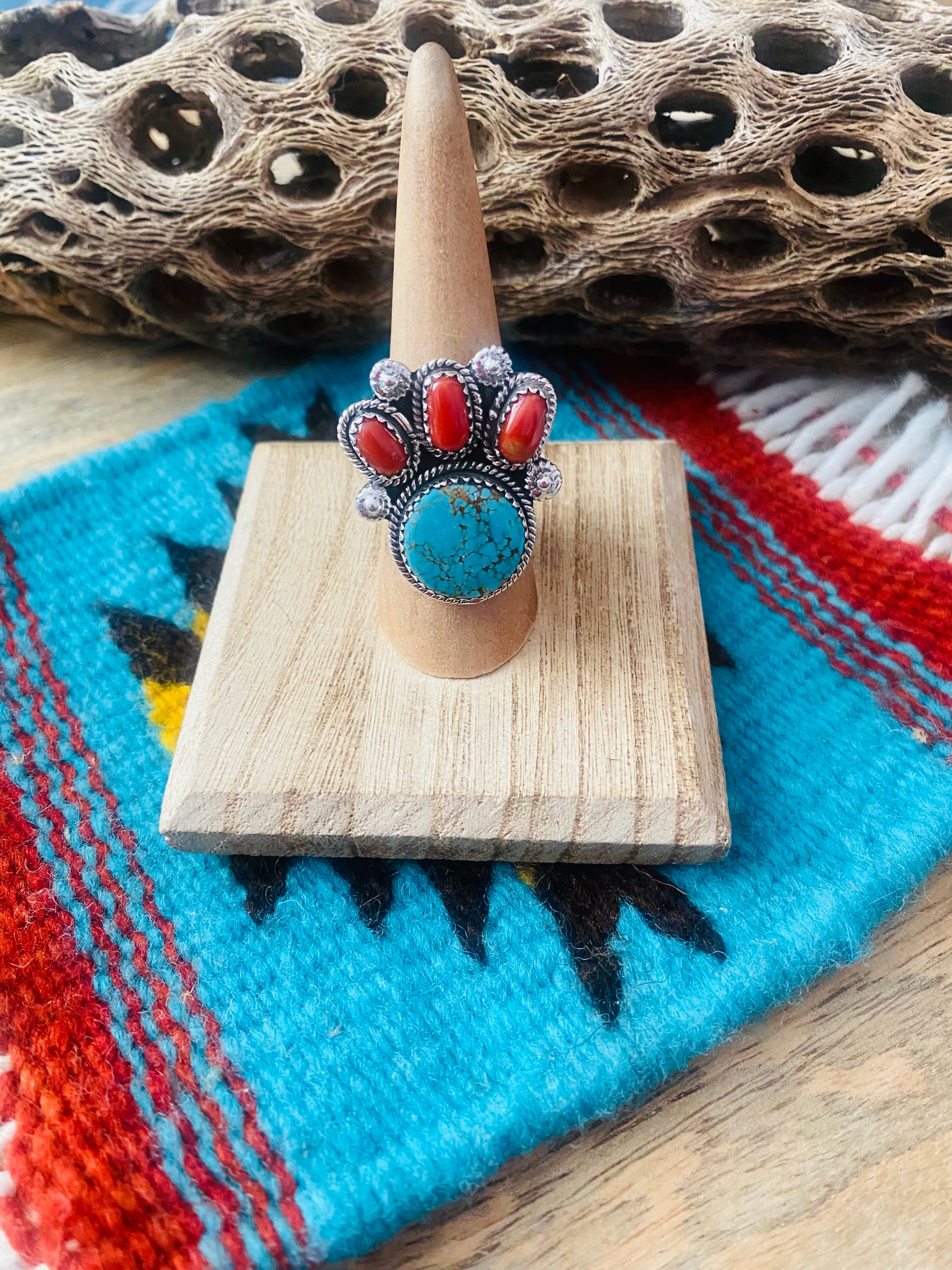 Handmade Sterling Silver, Coral & Number 8 Turquoise Adjustable Ring