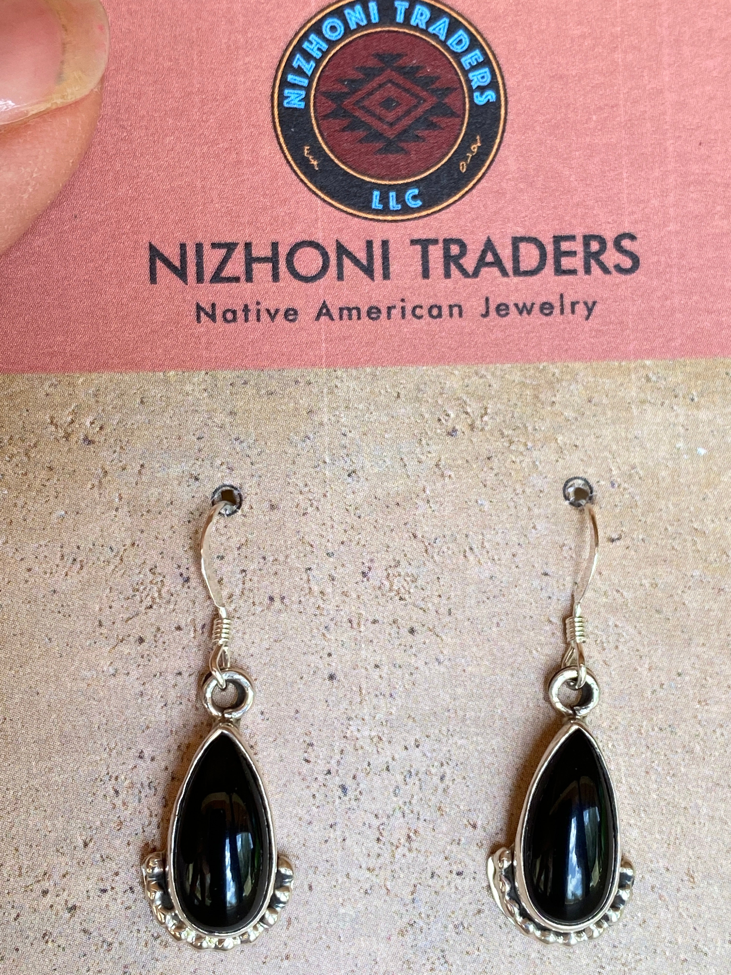 Beautiful Navajo Sterling Silver Black Onyx Teardrop Dangle Earrings