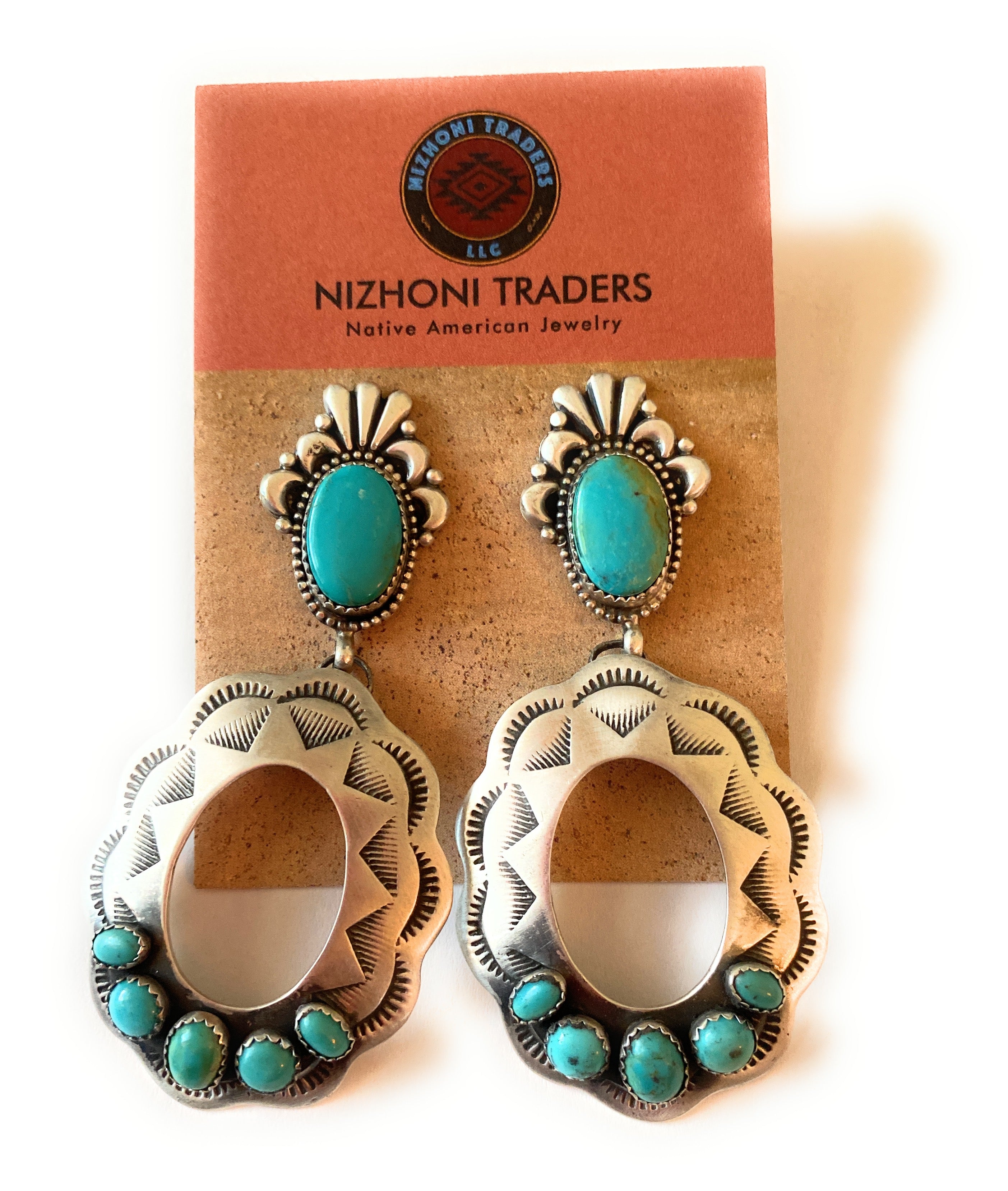 Navajo Sterling Silver & Turquoise Concho Dangle Earrings