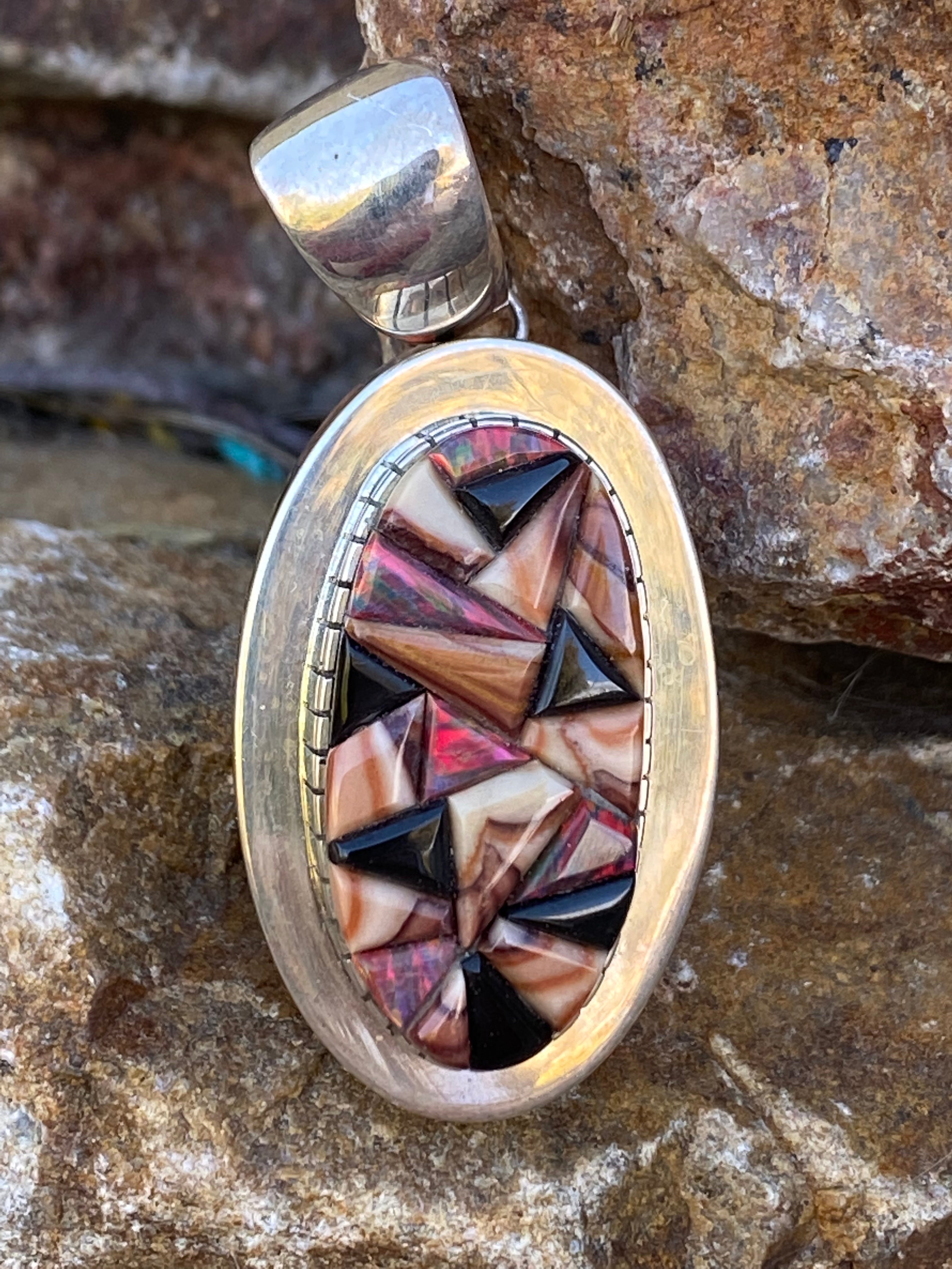 Navajo Onyx, Purple Spiny, Coral & Sterling Silver Pendant