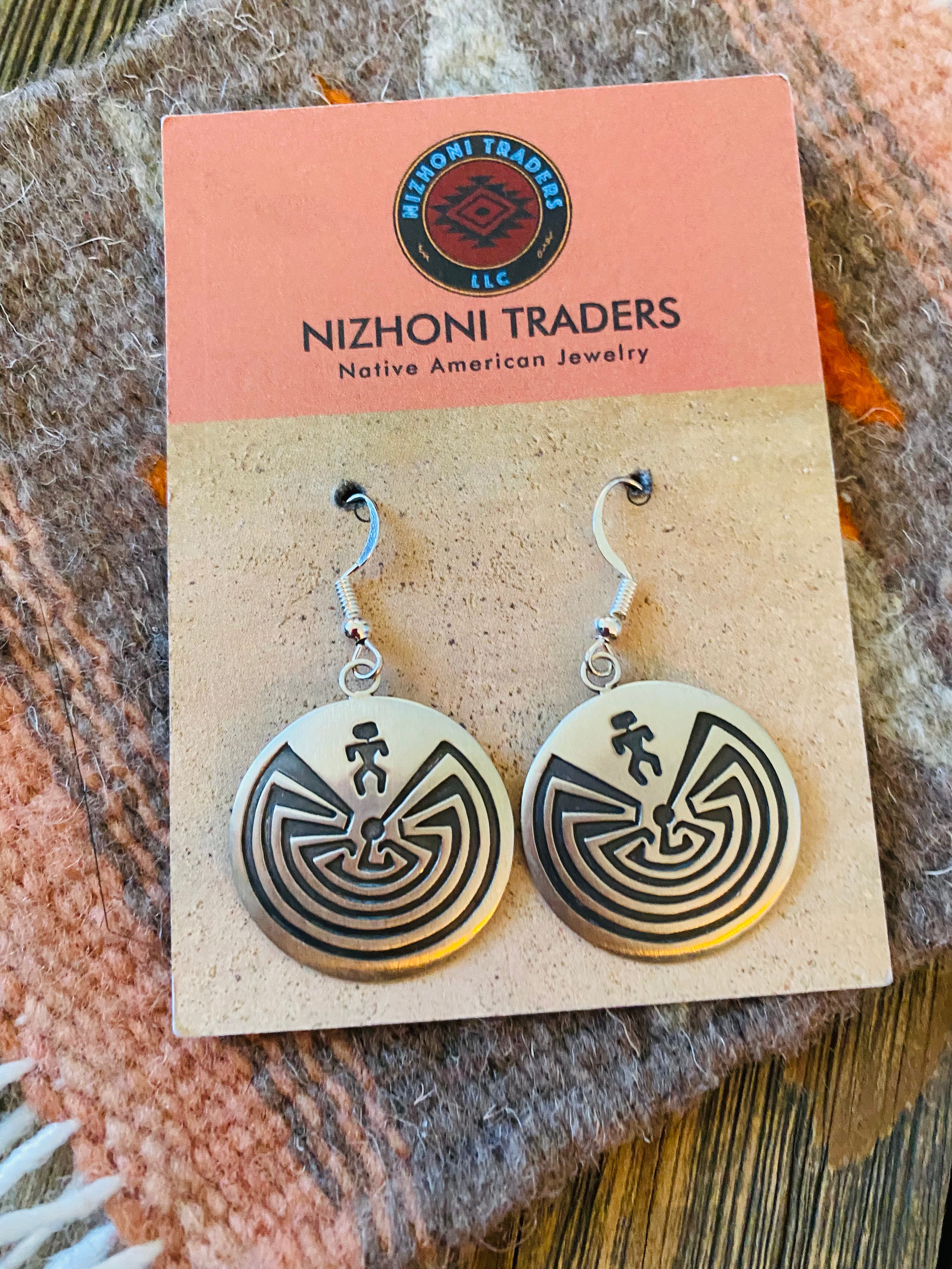 Navajo Hand Stamped Sterling Silver Man in the Maze Dangle Earrings