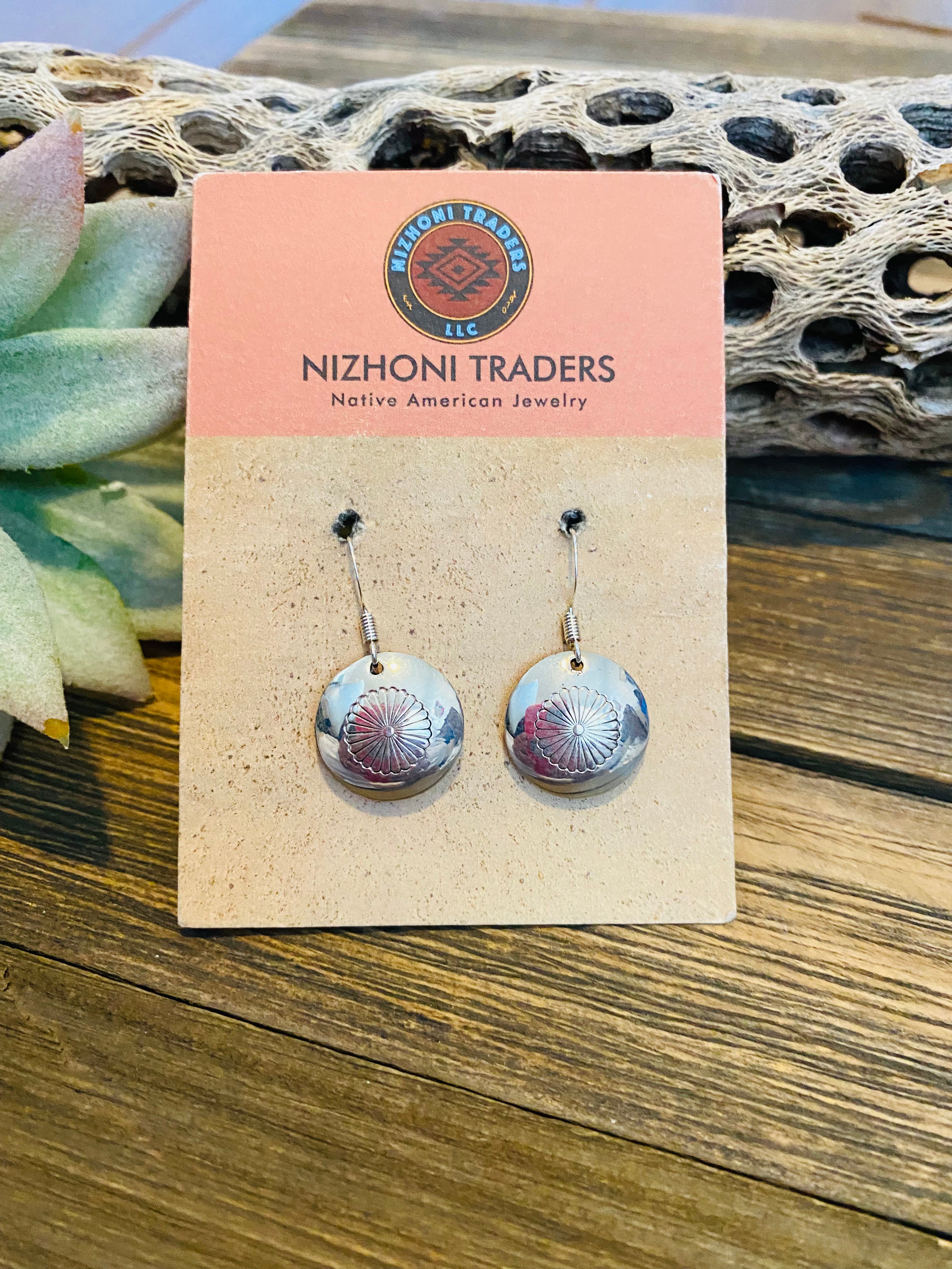 Navajo Hand Stamped Sterling Silver Concho Dangle Earrings